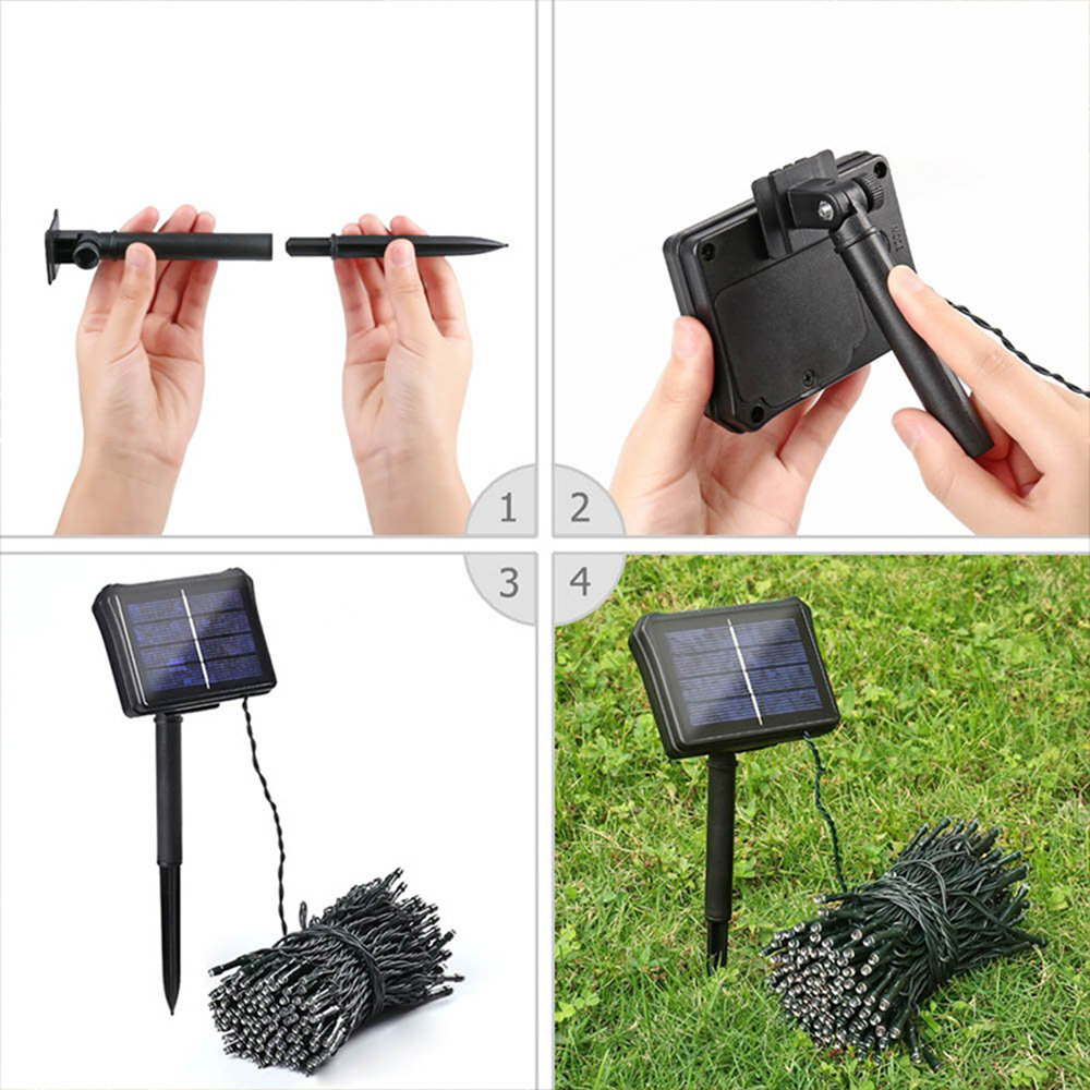 Montage von Solarleuchten: Teile verbinden, dann montiertes Solarpanel und Lichter auf Gras.