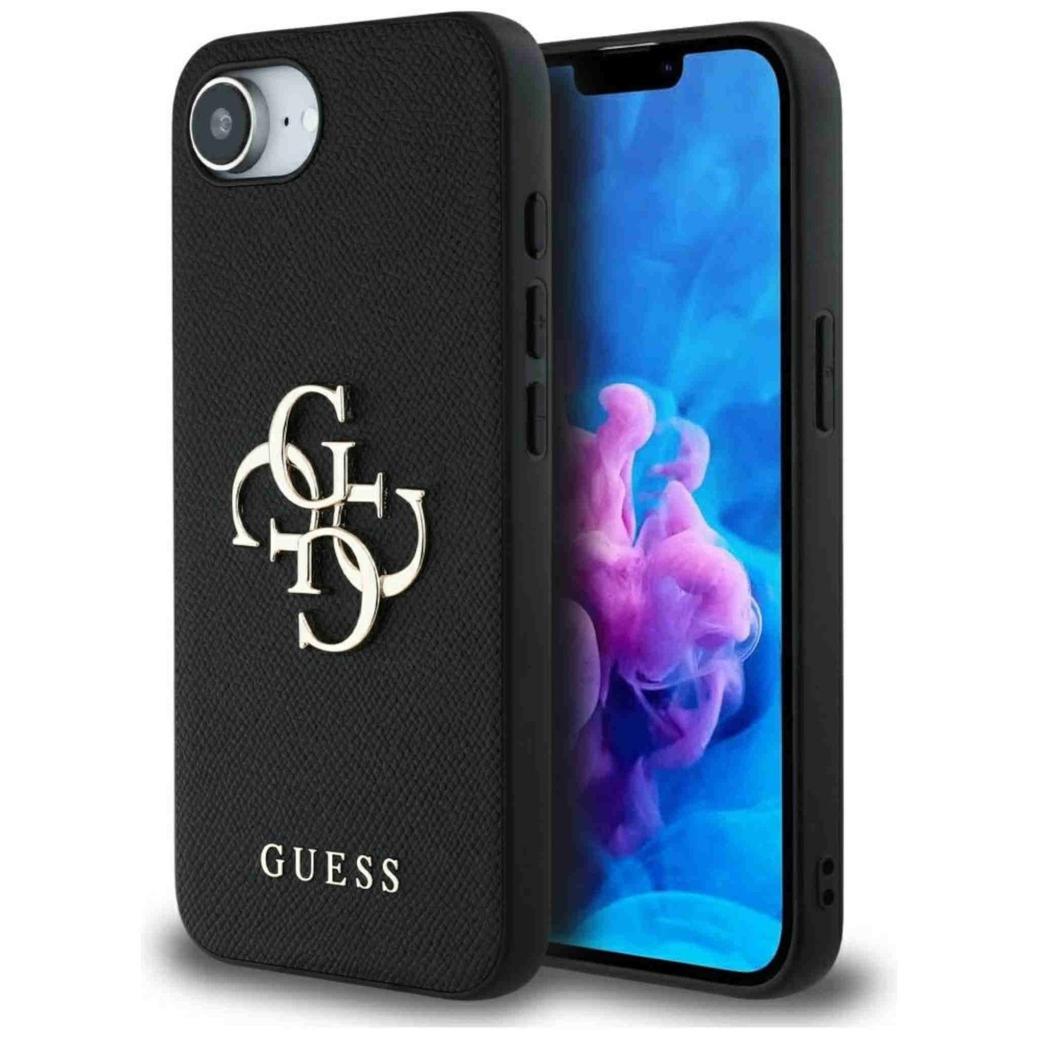 Custodia per telefono nera con logo Guess, un telefono nero, su sfondo bianco.