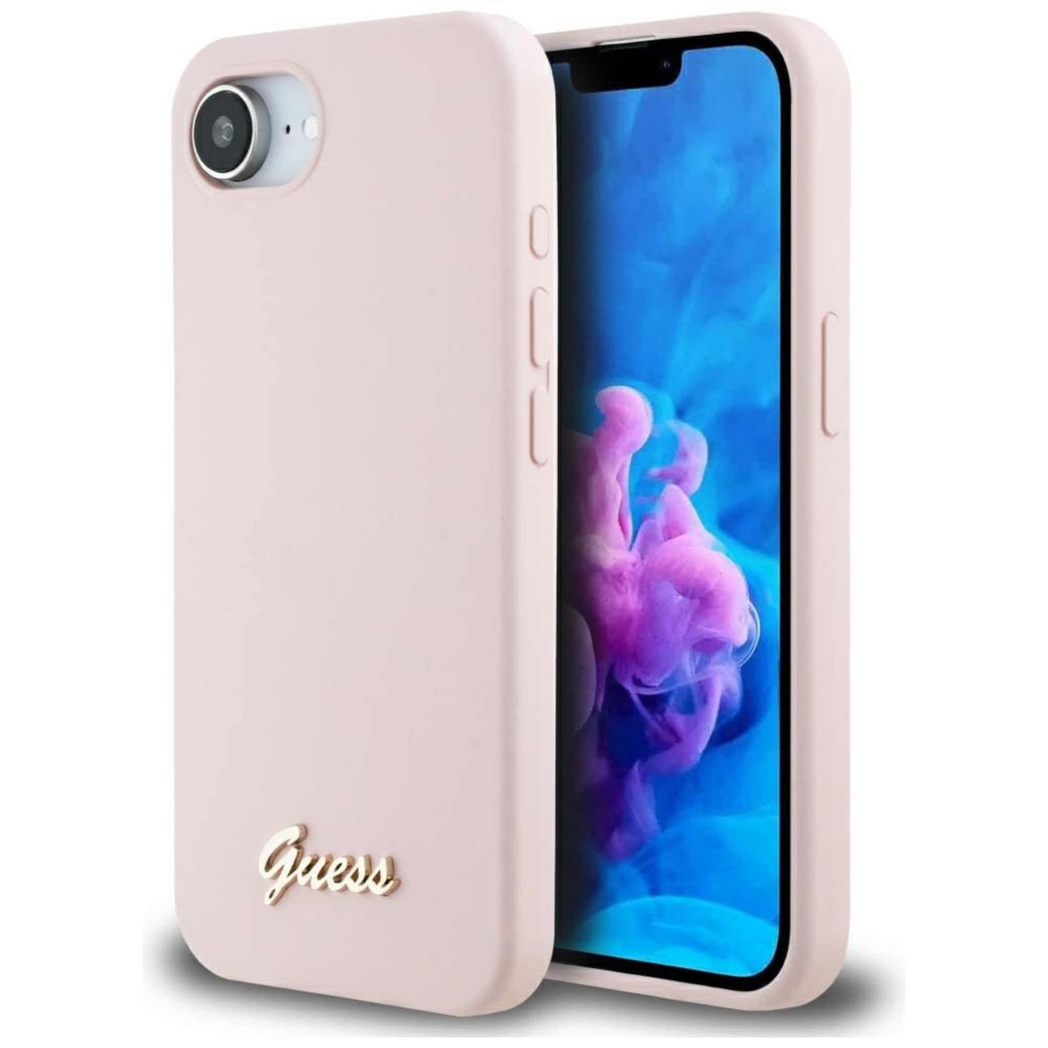 Una custodia per telefono rosa con un telefono all'interno. Il telefono ha uno sfondo blu e rosa.