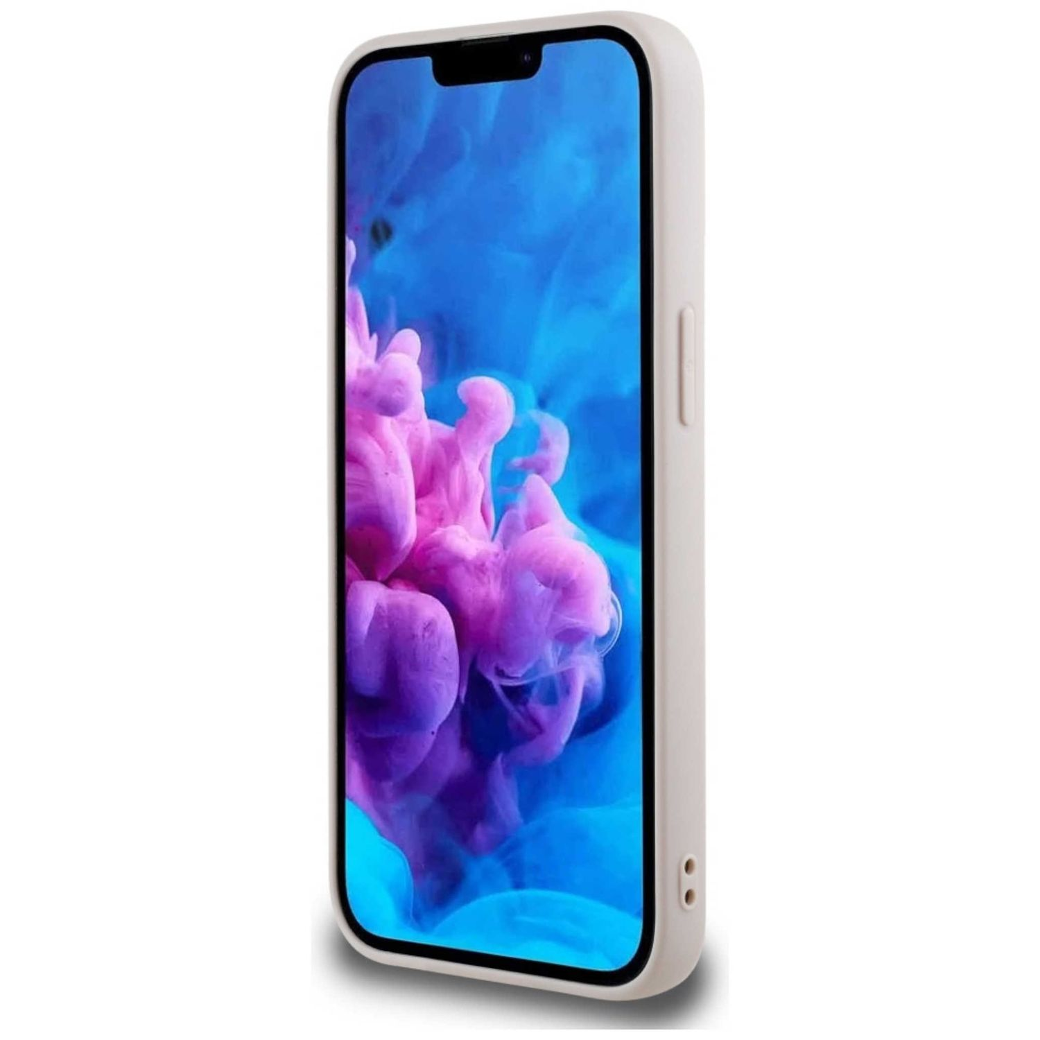 Weisse Handyhülle mit Telefon. Blauer und rosa abstrakter Hintergrund auf dem Bildschirm.