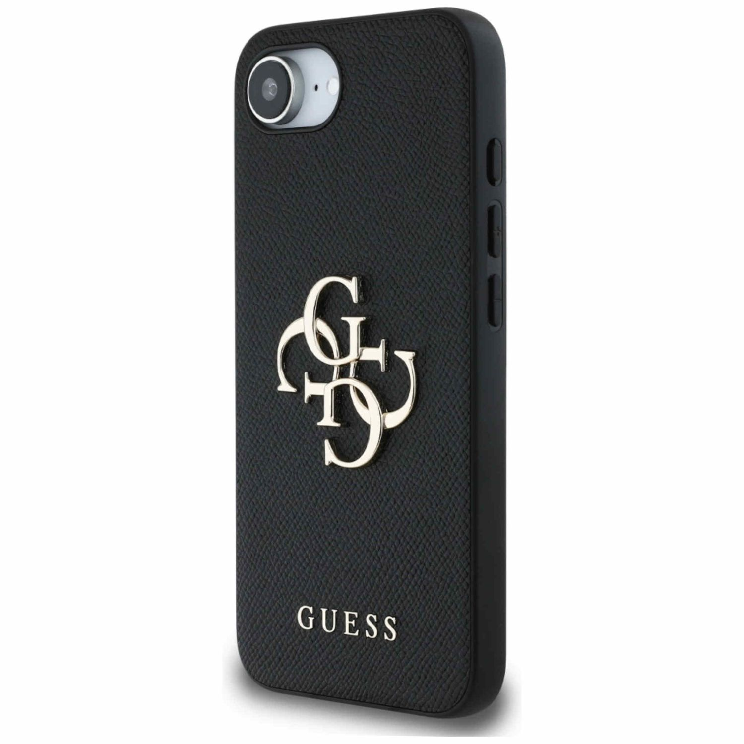 Custodia per telefono nera con logo Guess dorato. La custodia è su uno smartphone nero. GUESS scritto.