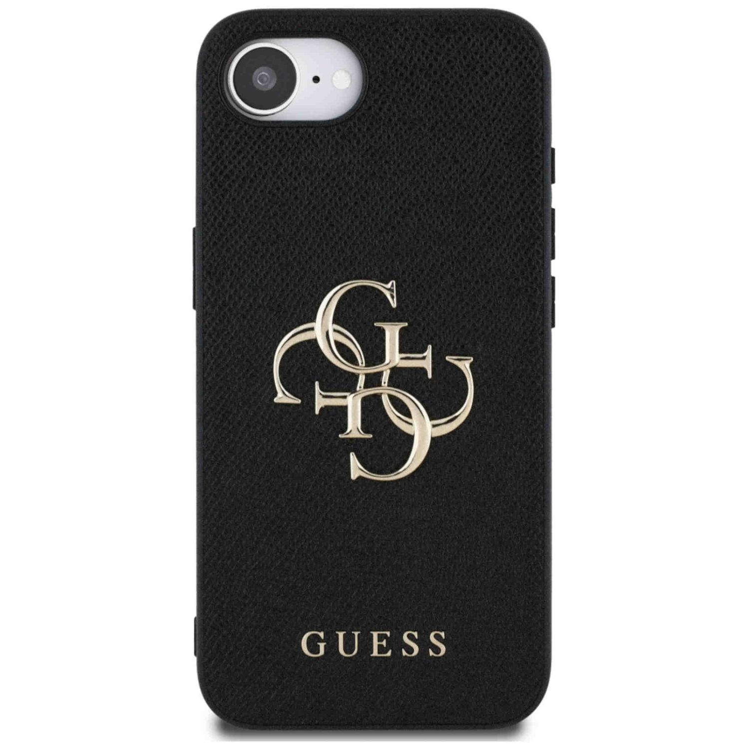 Viene mostrata una custodia per telefono nera con il logo Guess dorato. La custodia è su un telefono.