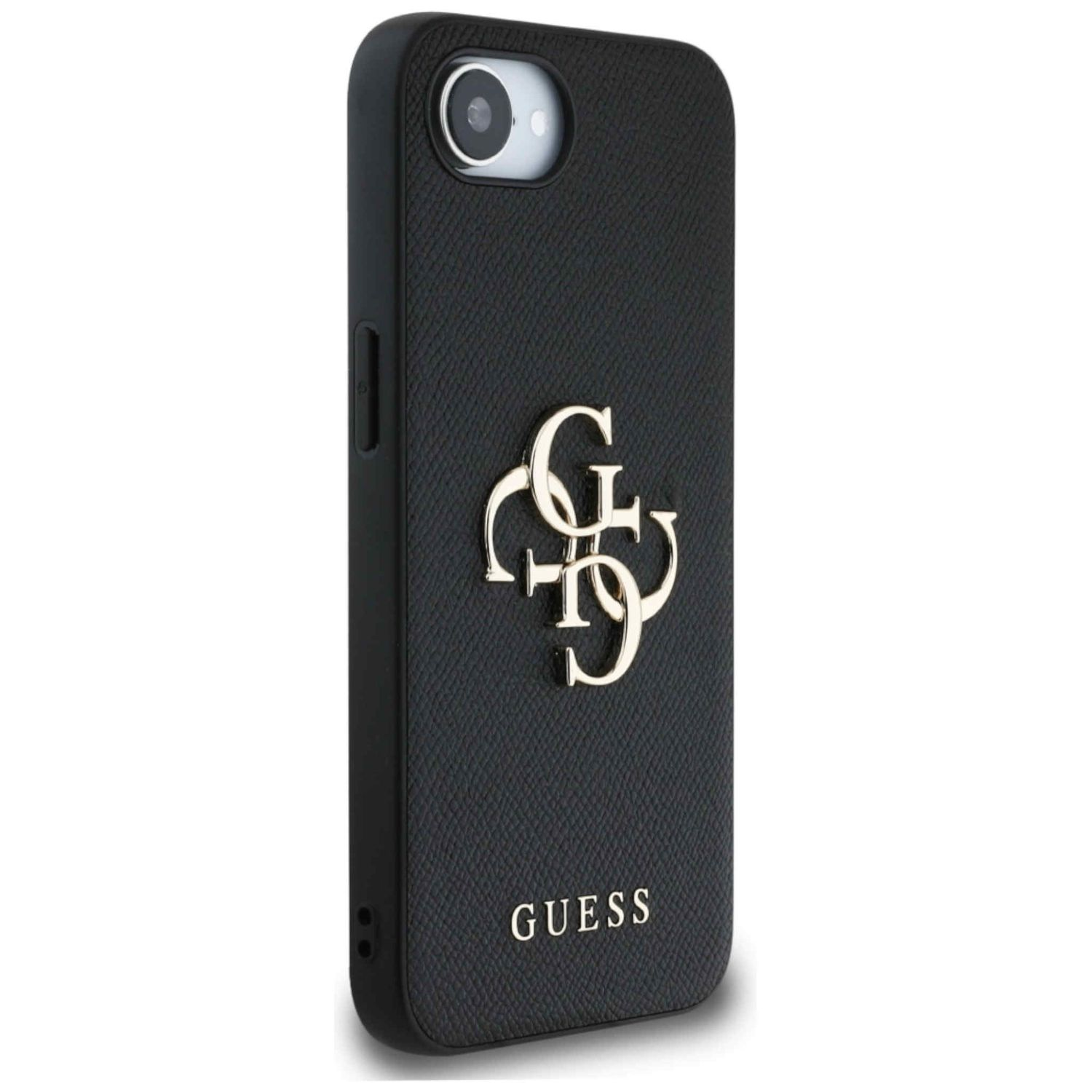 Custodia nera per telefono con logo dorato e marchio 'Guess'.