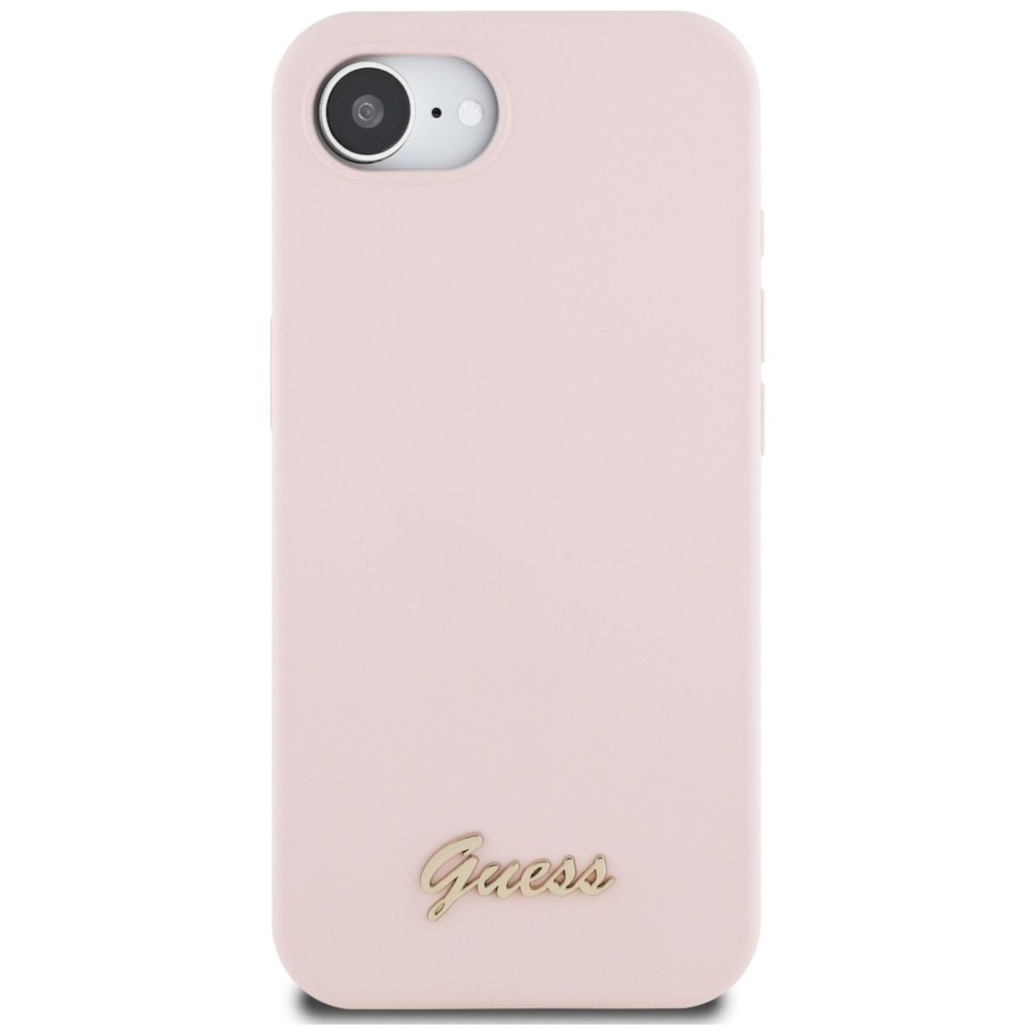 Una custodia rosa per telefono con un foro per la fotocamera e la scritta 'Guess' in oro. Lo sfondo è bianco.