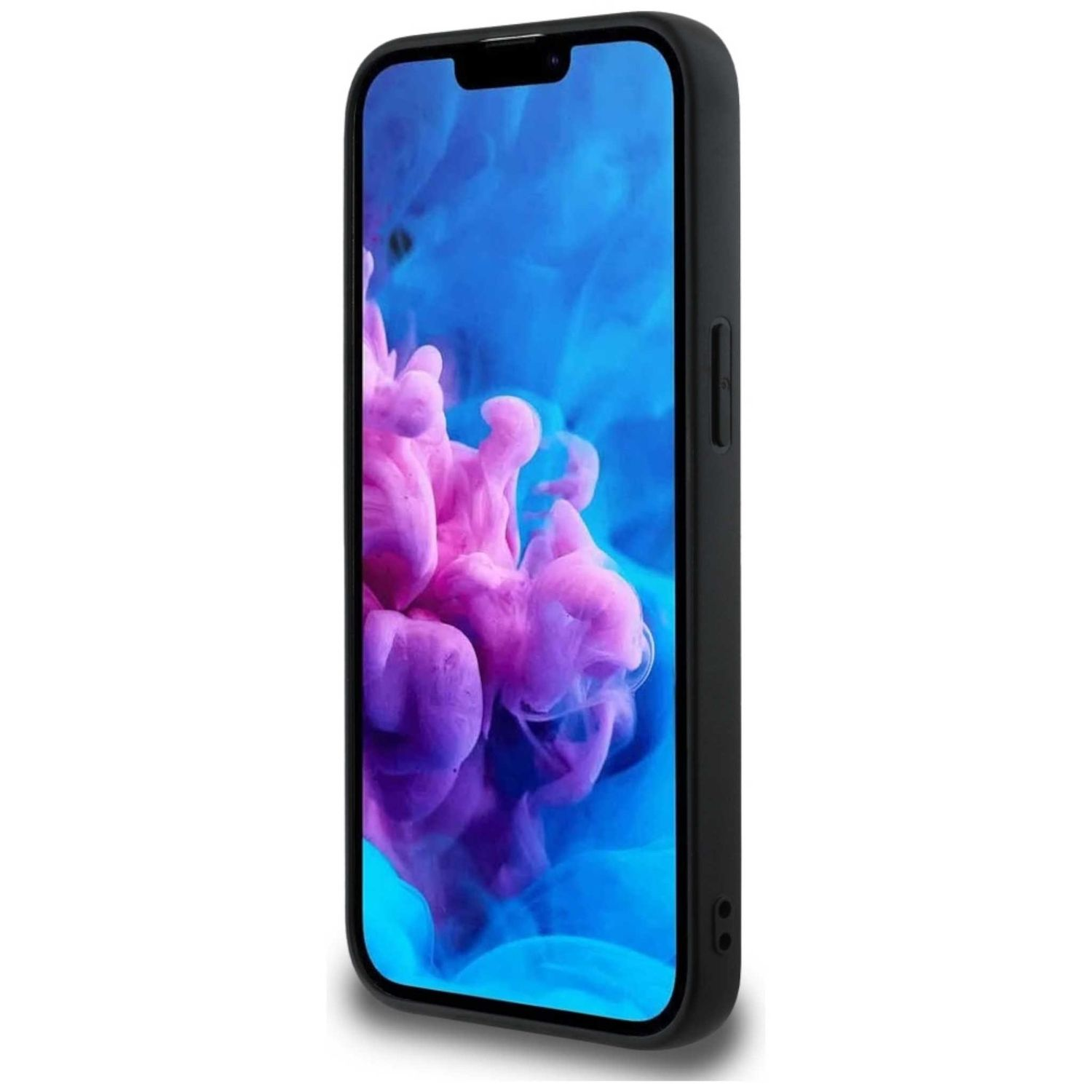 Schwarzes Telefon in einem Gehäuse, das ein blaues und rosa abstraktes Design zeigt.