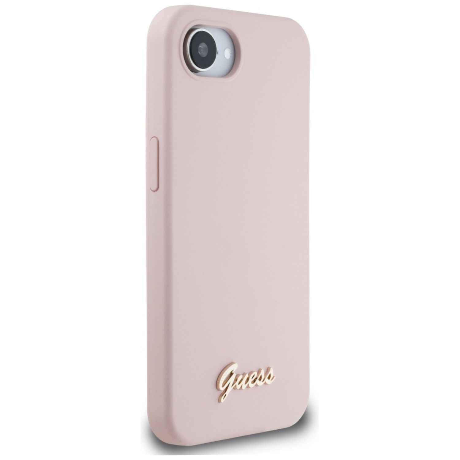 Una custodia per telefono rosa chiaro con la scritta Guess in oro. La custodia ha un foro per la fotocamera.