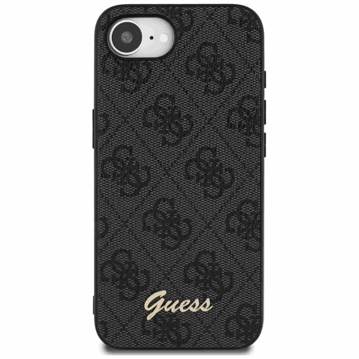 Una custodia nera con un motivo con logo Guess. La custodia ha un foro per la fotocamera e il logo Guess in oro.