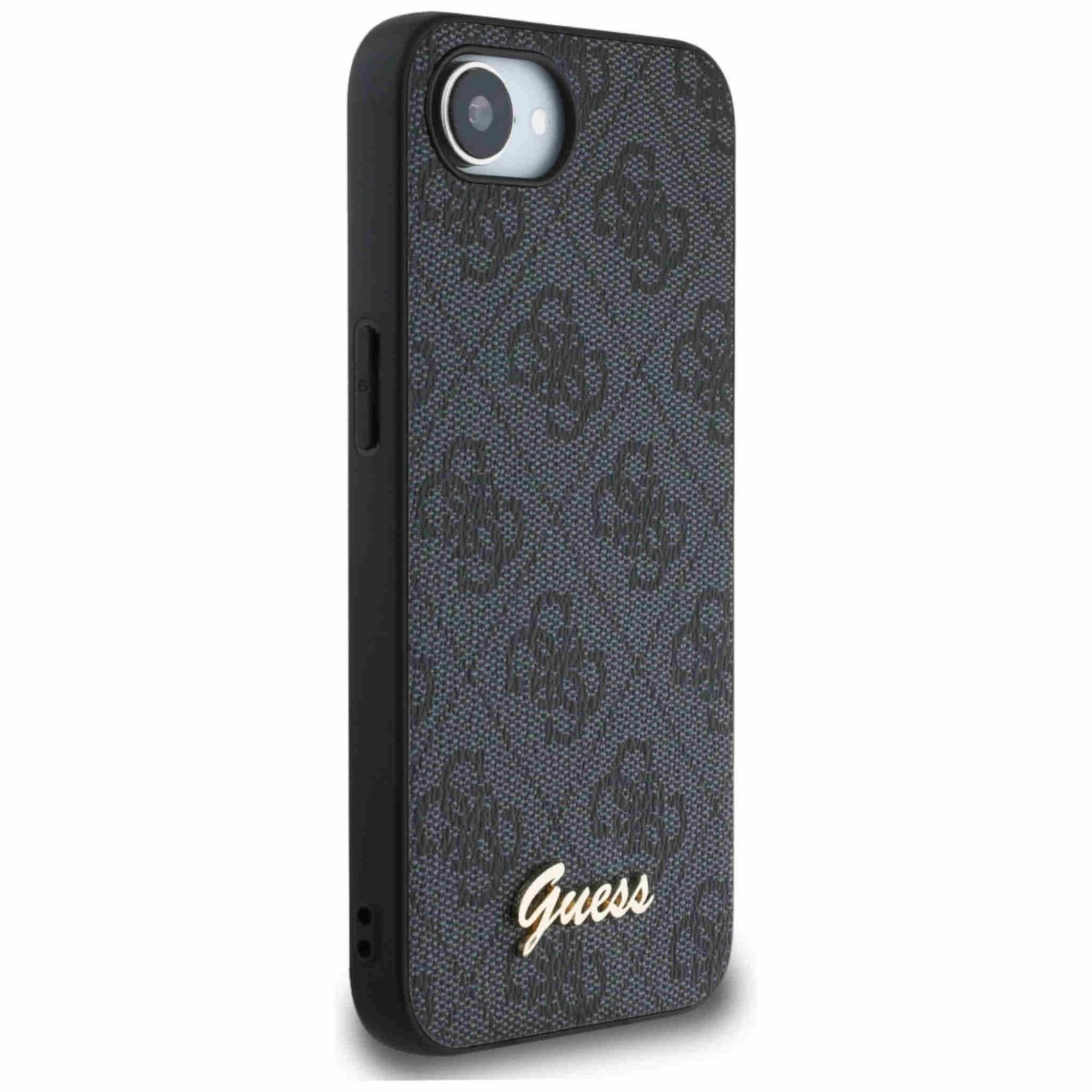 Custodia nera per telefono con logo Guess. Sfondo grigio scuro.