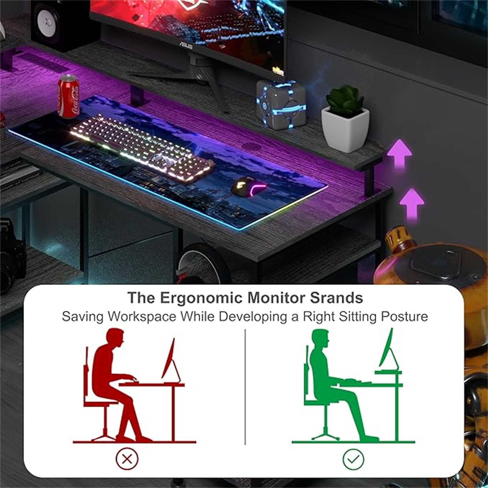 Ergonomischer Monitorständer. Person sitzt richtig und falsch.