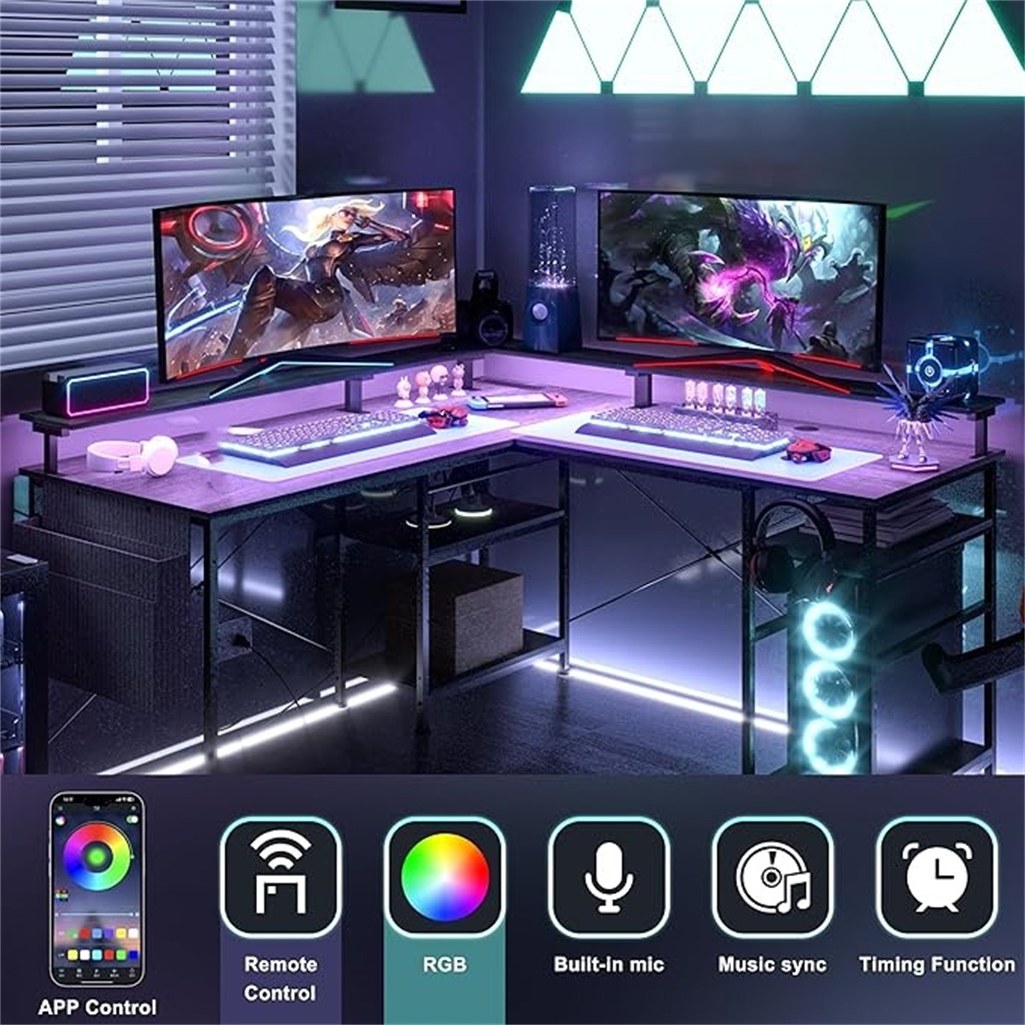 Gaming-Schreibtisch mit zwei Monitoren, die Spiele anzeigen. RGB-Beleuchtung, Tastaturen und Zubehör sind sichtbar.