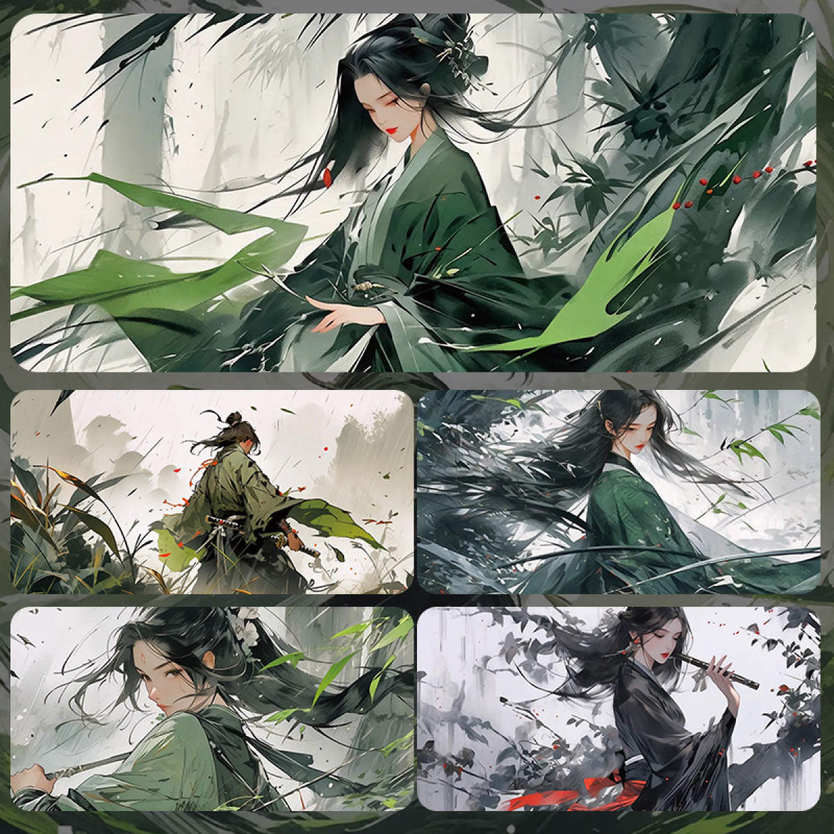 Vier Anime-Illustrationen einer Frau in grünen Roben, die eine Flöte hält, in verschiedenen Posen.