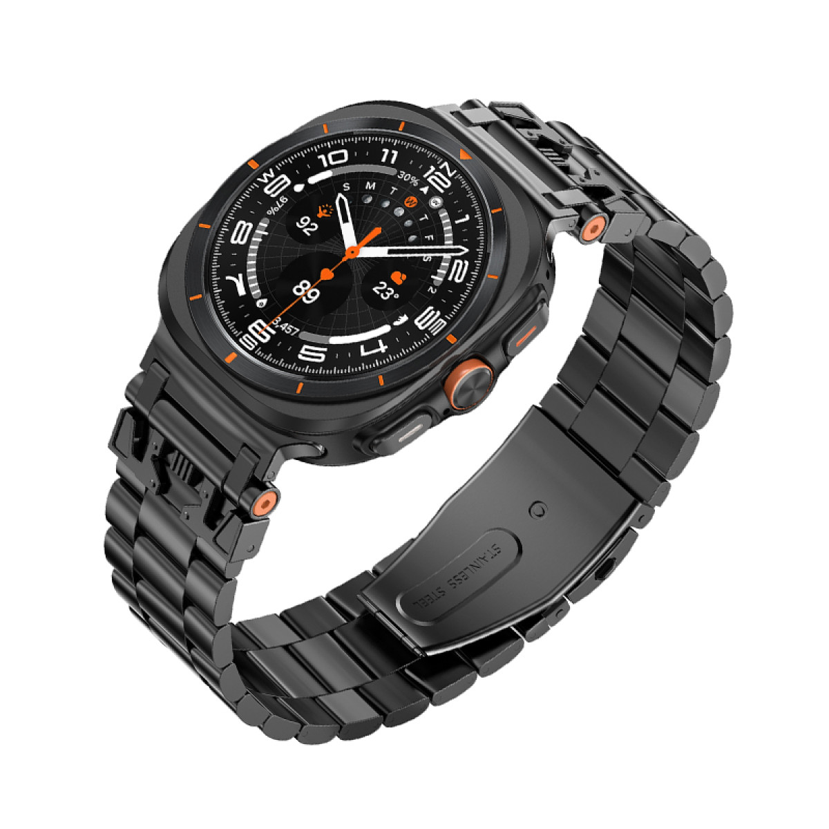 Smartwatch nera con cinturino in metallo, dettagli arancioni e display digitale con ora e statistiche.