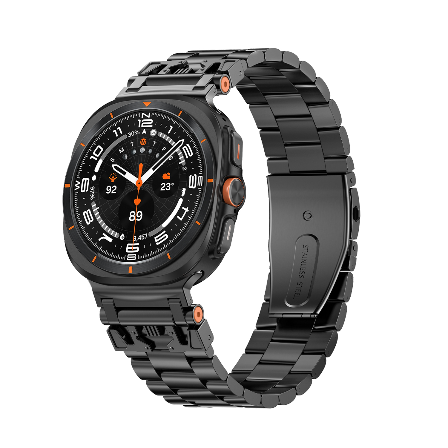 Smartwatch nero con cinturino in metallo nero e dettagli arancioni.
