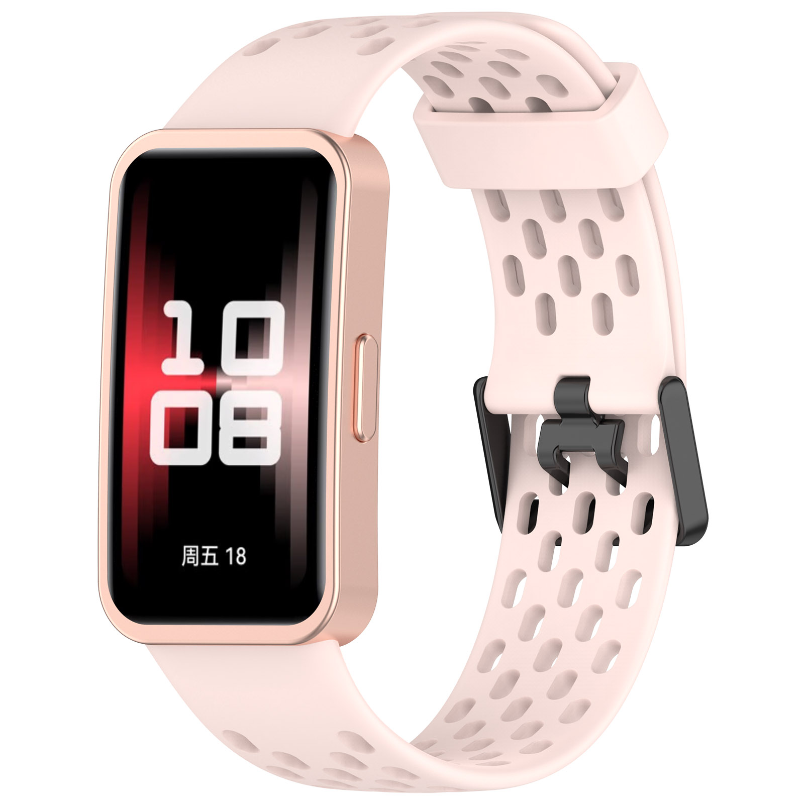 Rosa Smartwatch mit schwarzem Bildschirm.