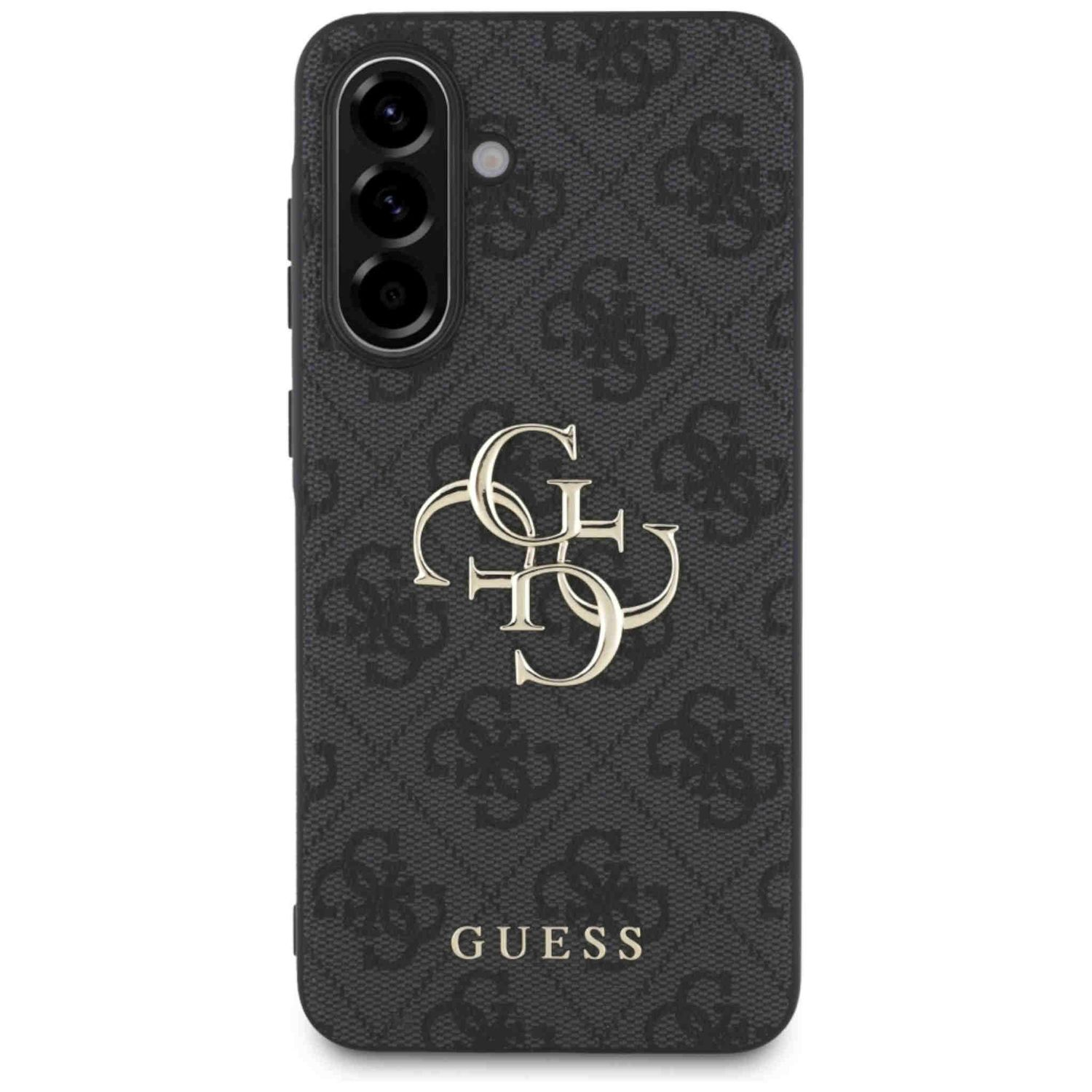 Eine schwarze Handyhülle mit goldenem Guess-Logo. Die Hülle hat ein gemustertes Design mit Guess-Logos.