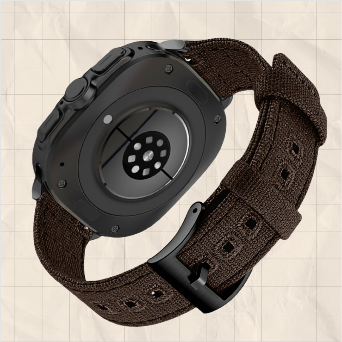 Rückseite einer schwarzen Smartwatch mit braunem Stoffarmband. Das Armband wird mit einer schwarzen Schnalle befestigt.