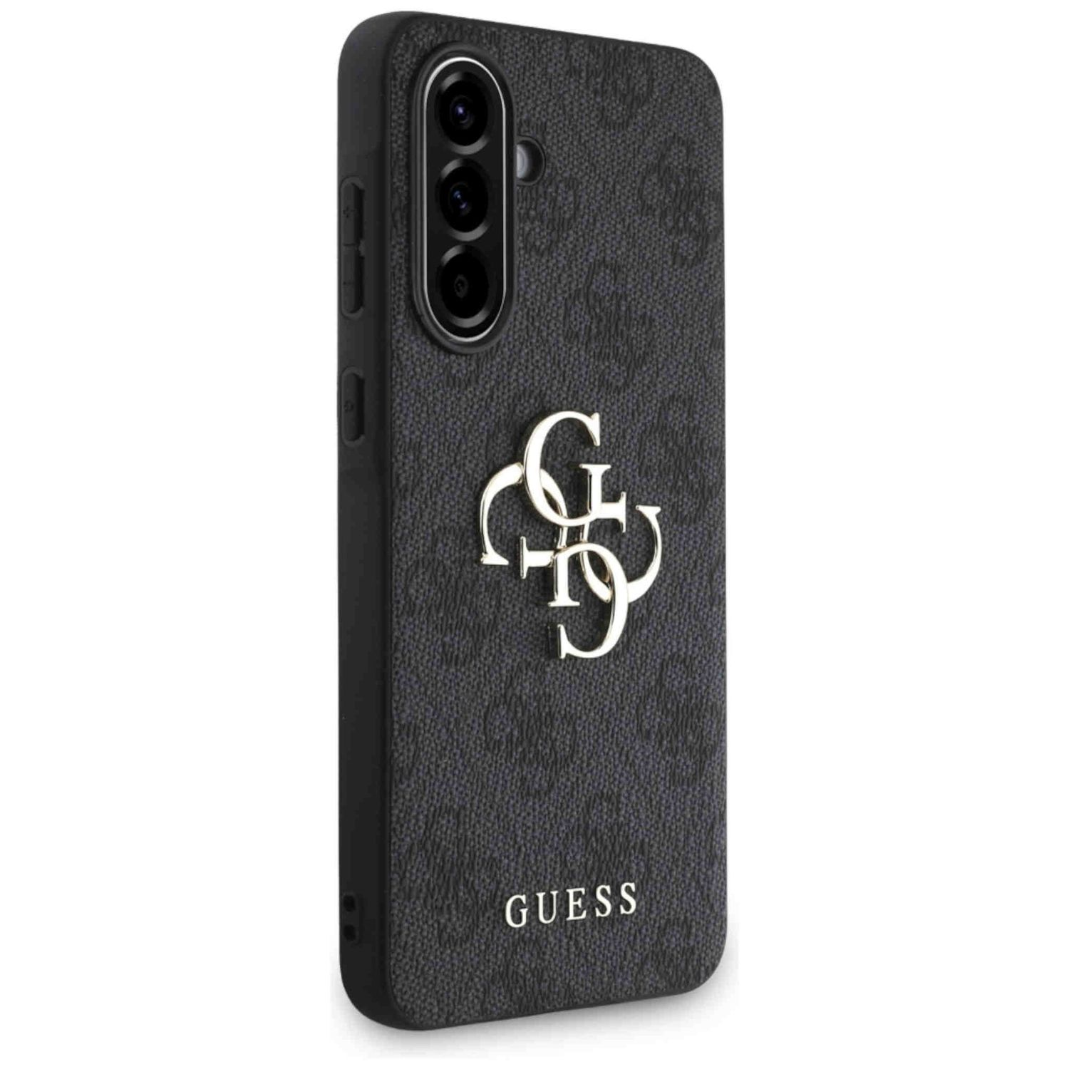 Eine schwarze Handyhülle mit goldenem 'G'-Logo. Die Hülle hat ein dunkles Muster und GUESS steht darauf.