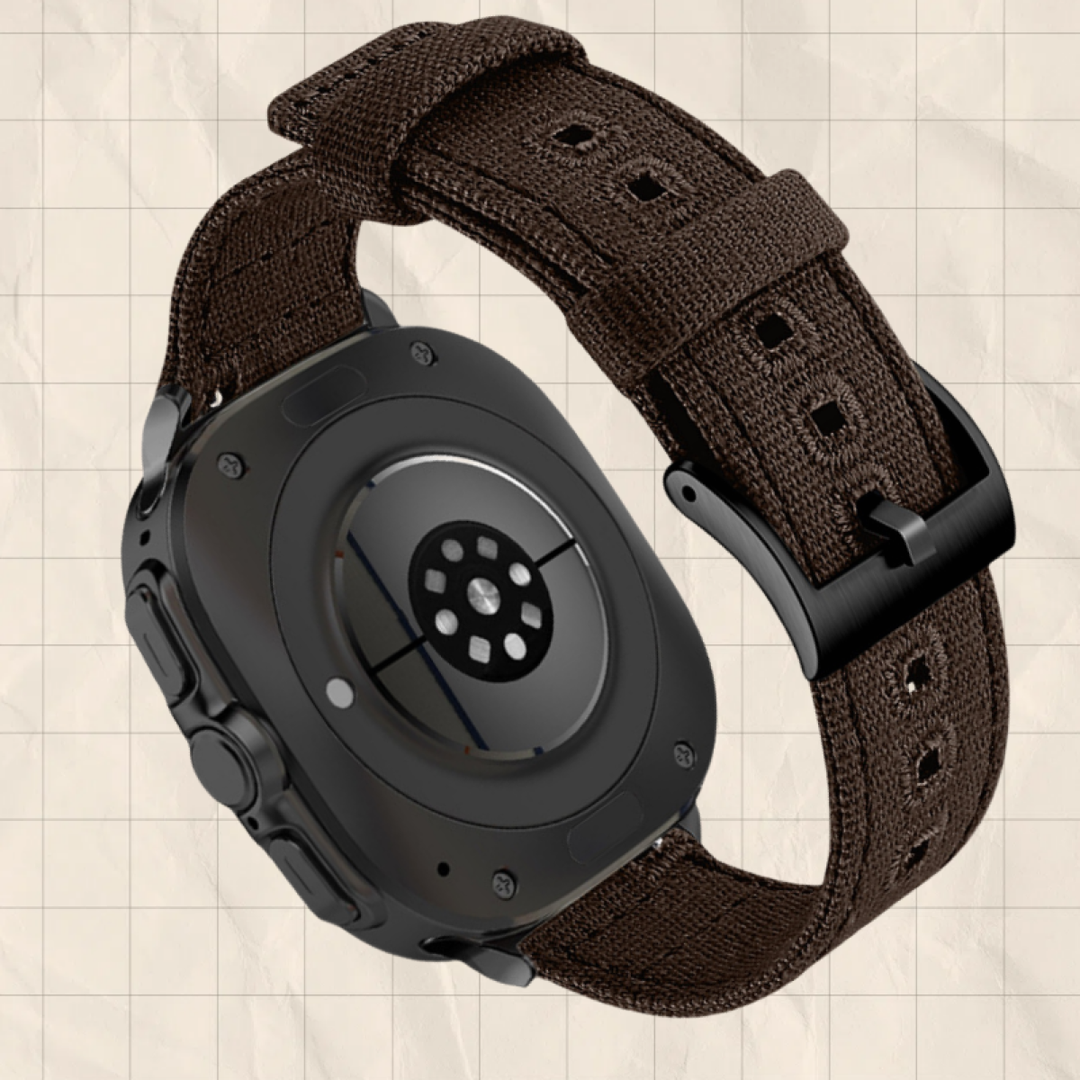 Eine Uhr mit braunem Armband und schwarzem Zifferblatt.