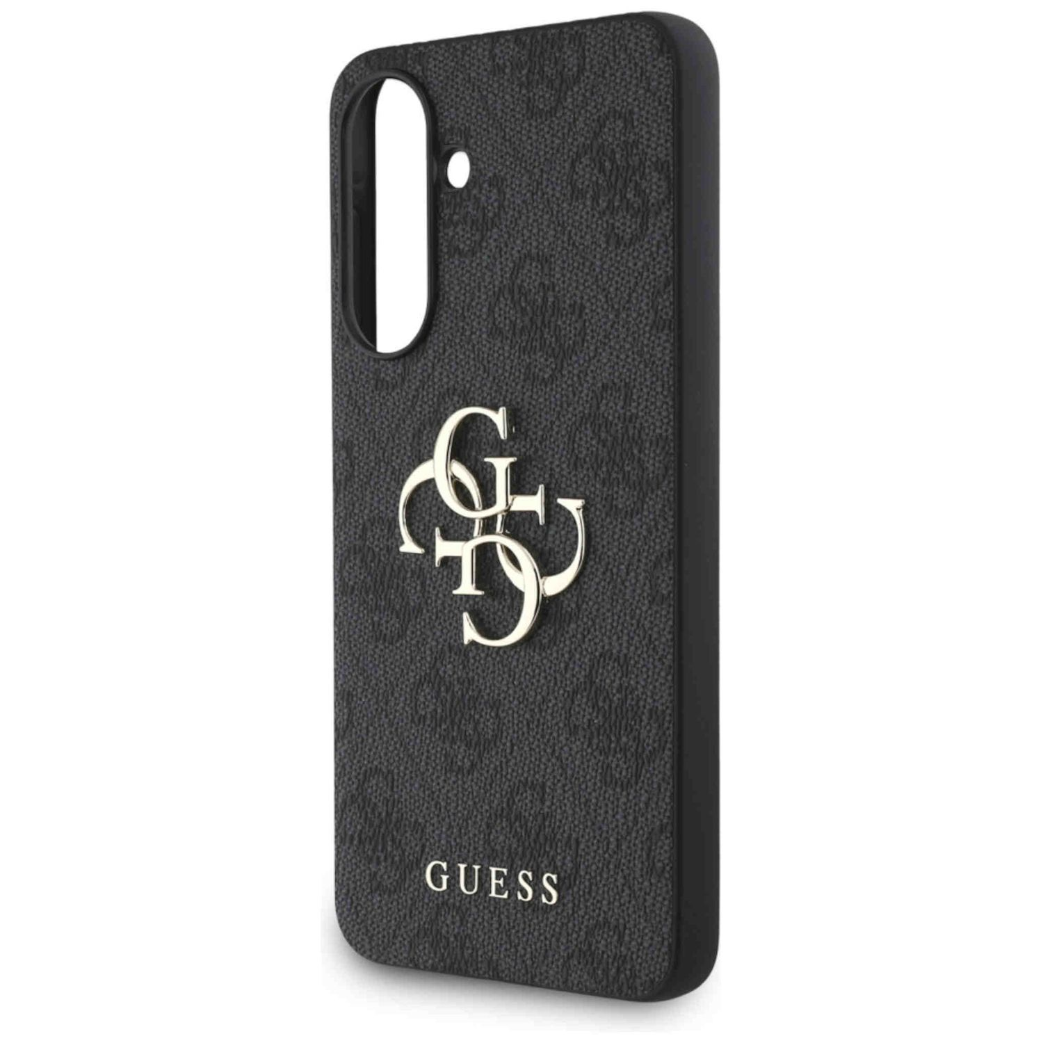 Schwarze Handyhülle mit Guess-Logo. Die Hülle hat ein strukturiertes Muster und ein goldenes Logo.