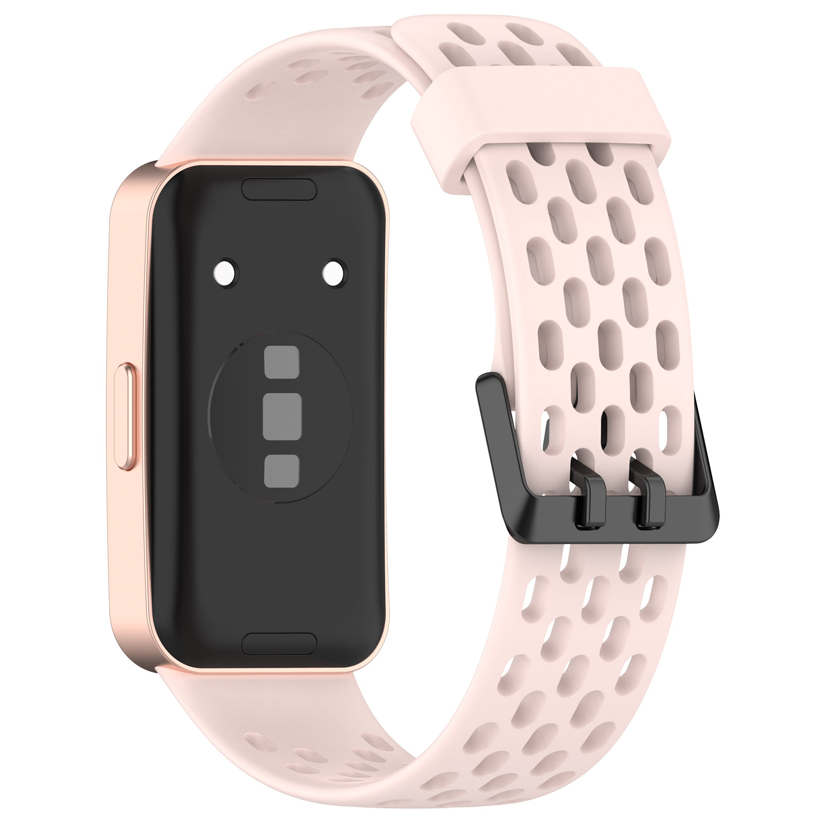 Ein rosa und roségoldenes Smartwatch-Armband. Das Armband hat eine schwarze Schnalle und ein perforiertes Design.