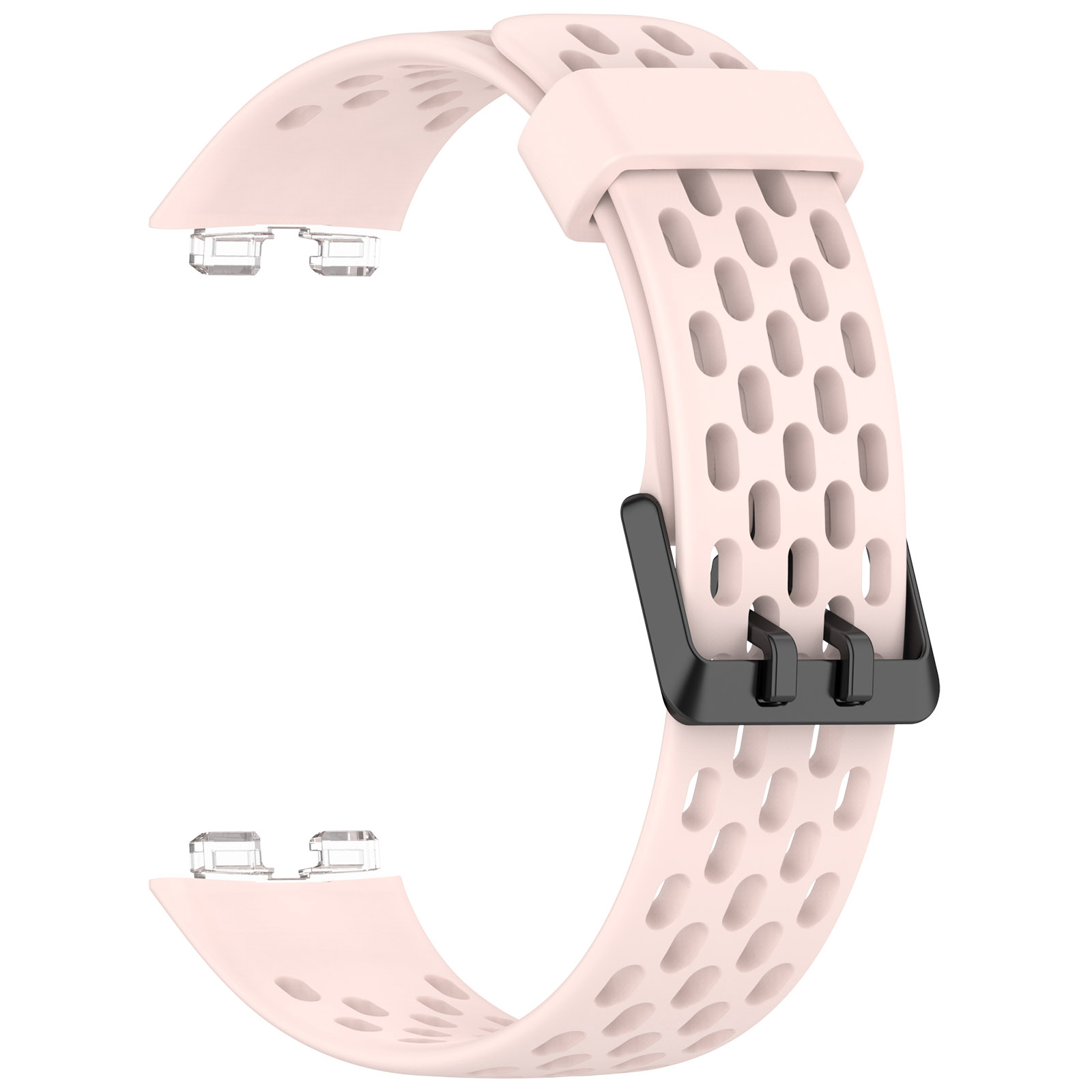 Hellrosa Uhrenarmband mit schwarzem Verschluss und Lochdesign. Weißer Hintergrund.