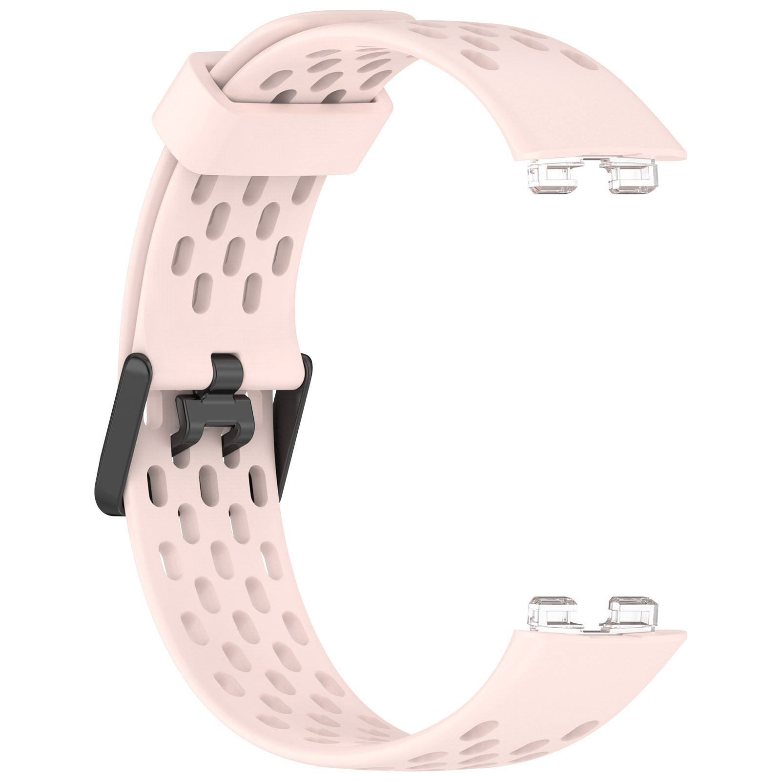 Rosa Smartwatch-Armband mit Aussparungen und einem schwarzen Verschluss, unbefestigt.