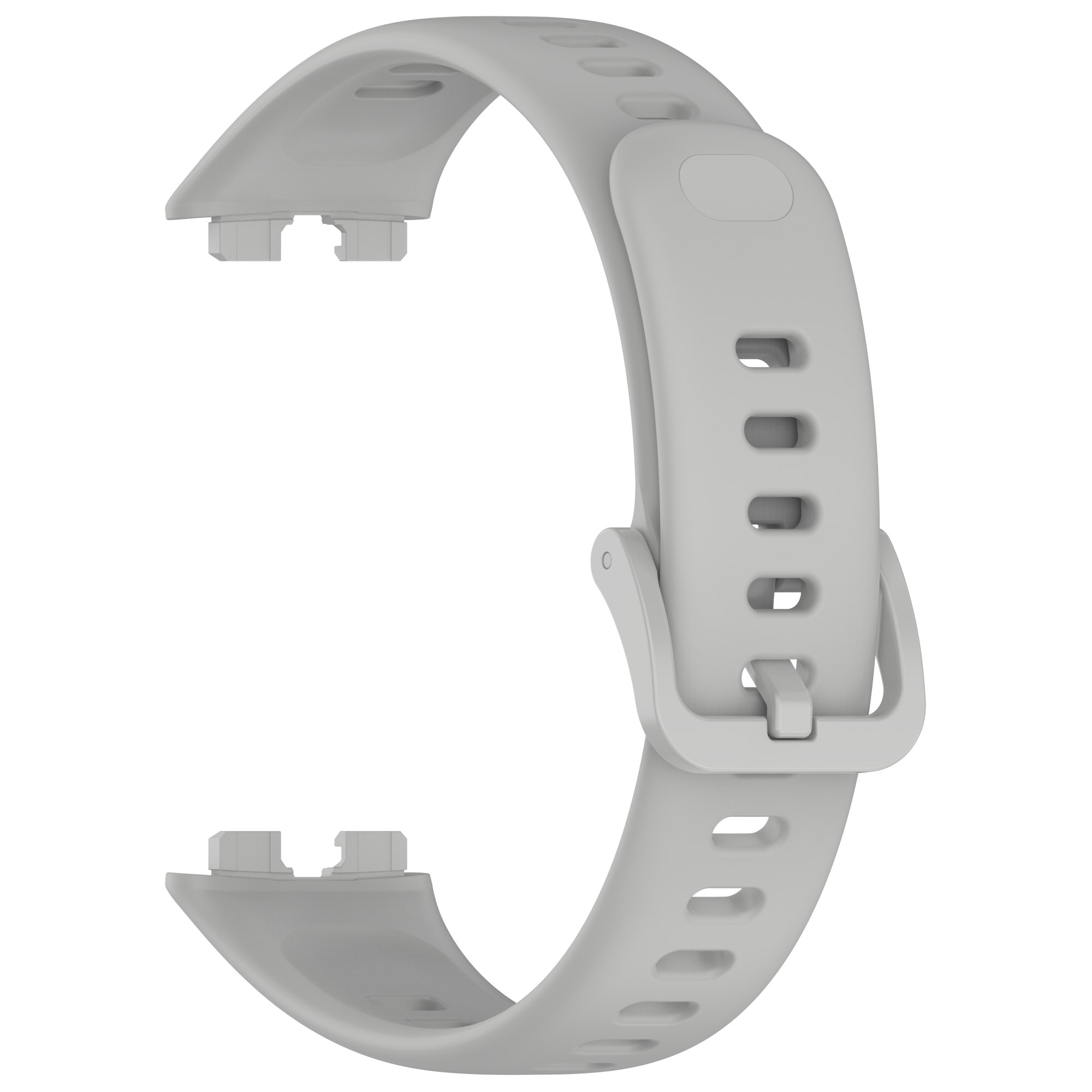 Hellgraues Smartwatch-Armband mit Schnalle, gebogenes Design mit mehreren Löchern zur Anpassung, Nahaufnahme.