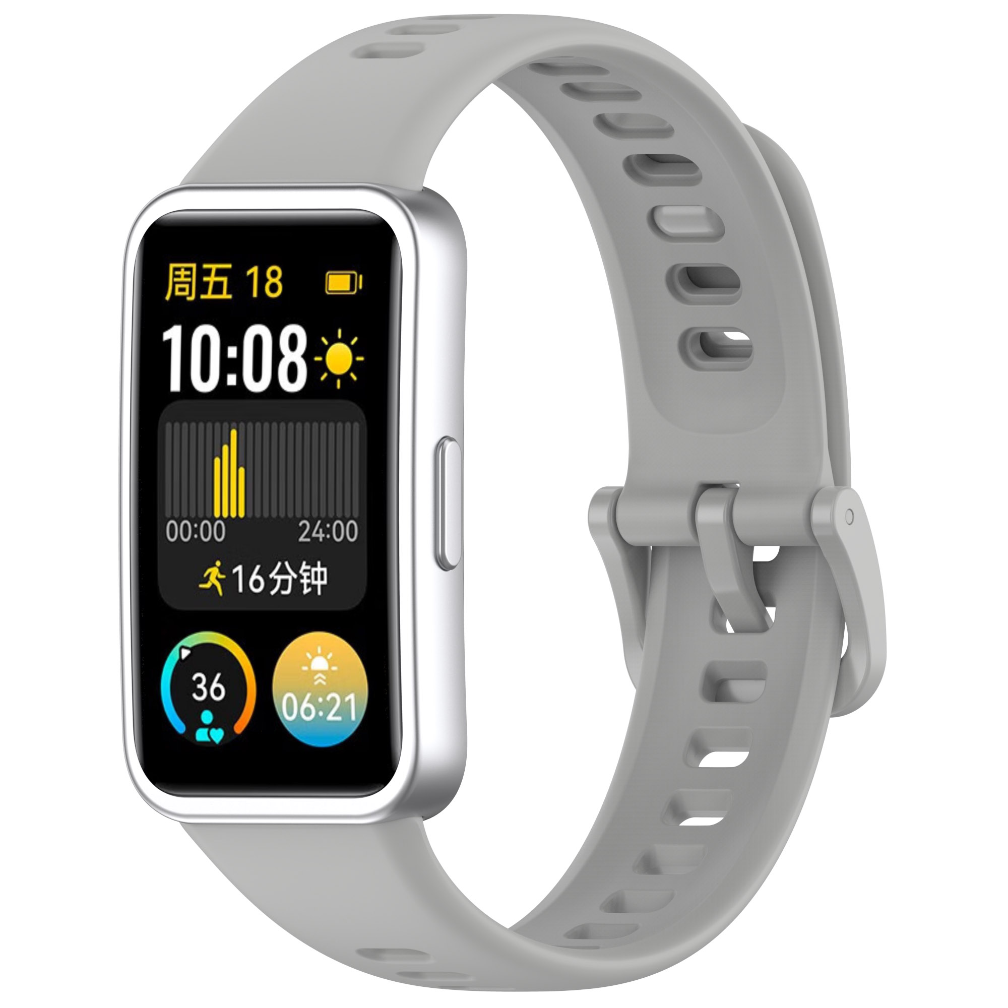 Graue Smartwatch mit Zeit, Datum und Gesundheitsdaten auf dem Bildschirm.