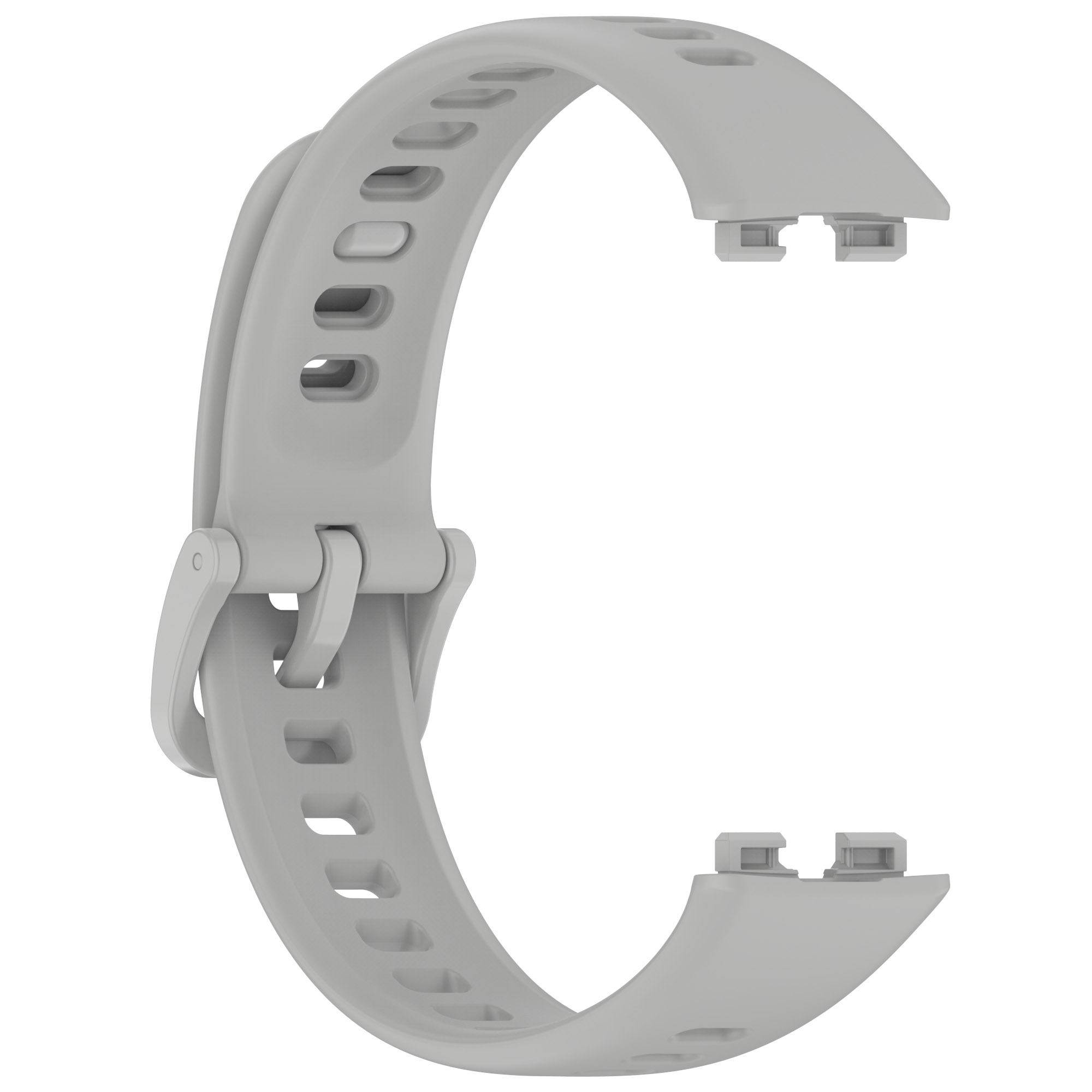 Ein hellgraues Smartwatch-Armband in C-Form. Das Armband hat eine Schnalle und Löcher zur Anpassung.