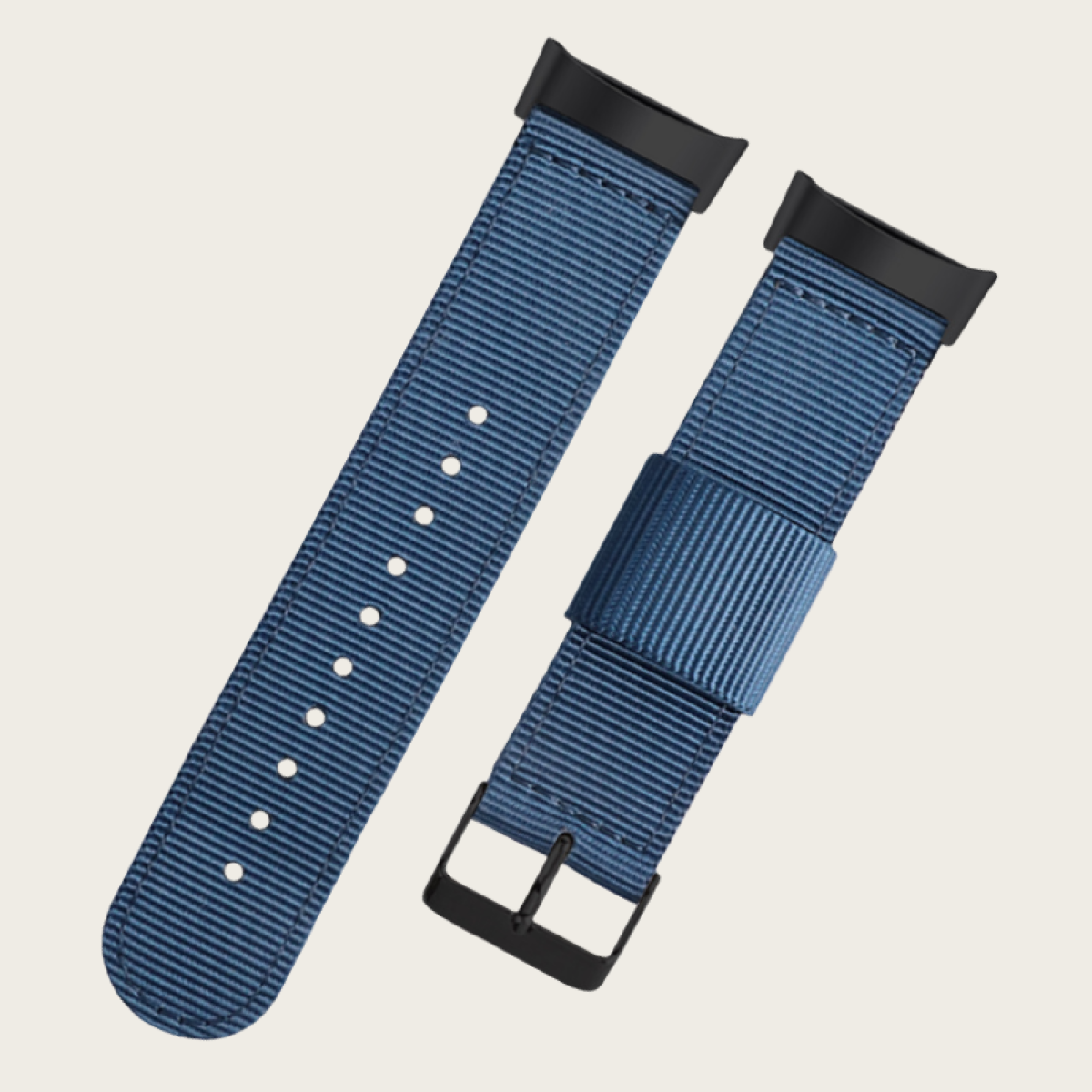 Zwei blaue Uhrenarmbänder mit schwarzen Schnallen.