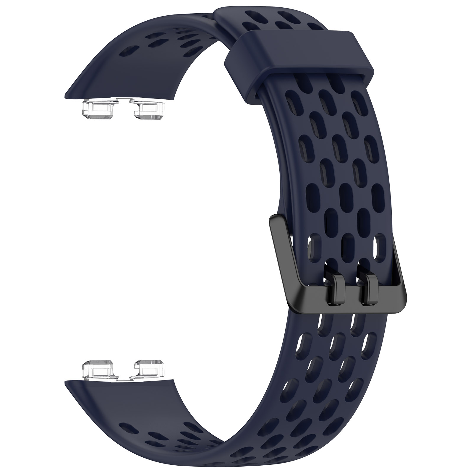 Dunkelblaues Armband mit Löchern und schwarzer Schnalle. Sportlicher Stil, zwei Stifte.
