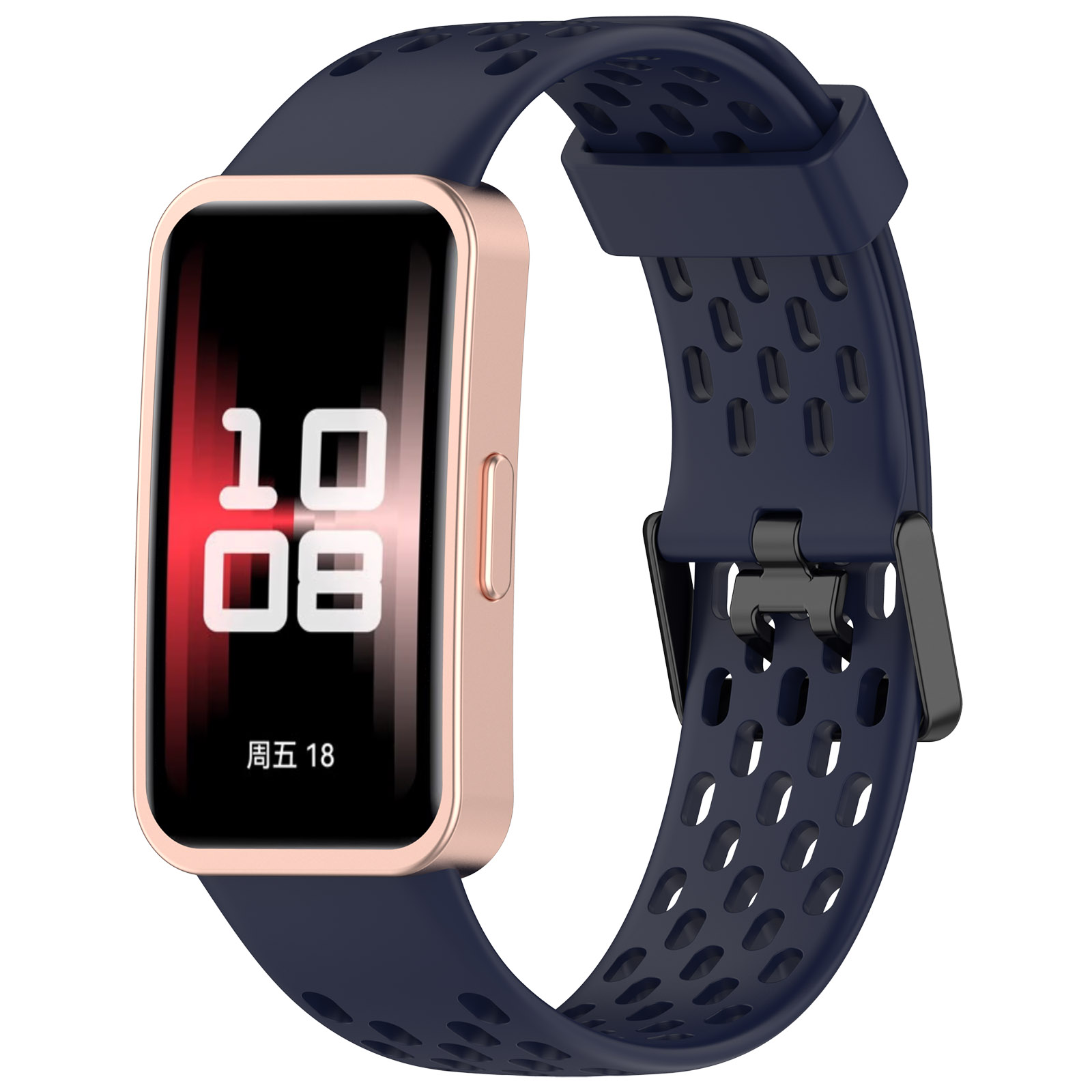 Smartwatch mit roségoldenem Gehäuse und marineblauem Armband. Anzeige zeigt Uhrzeit und Datum.