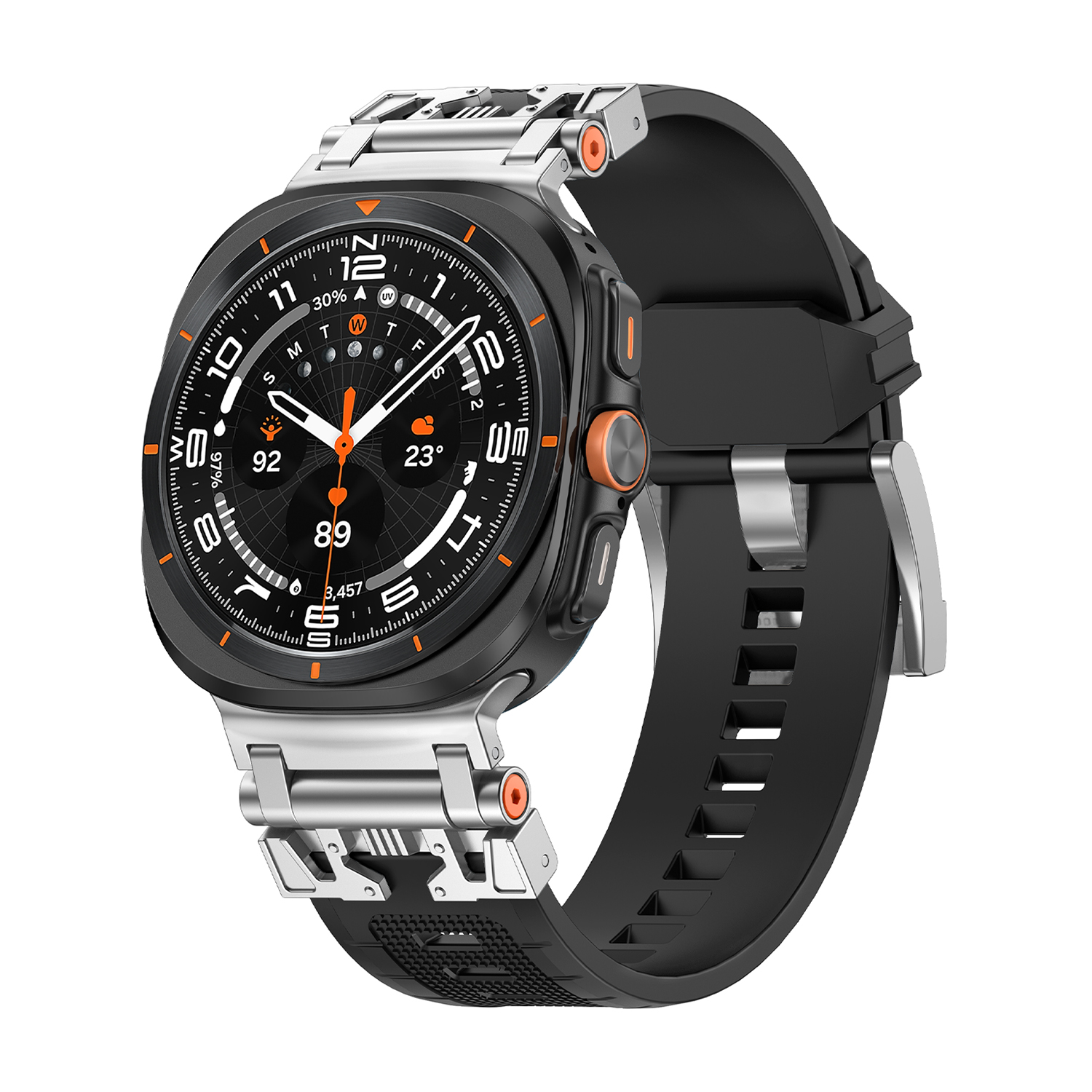 Smartwatch nero e argento con cinturino nero. Accenti arancioni.