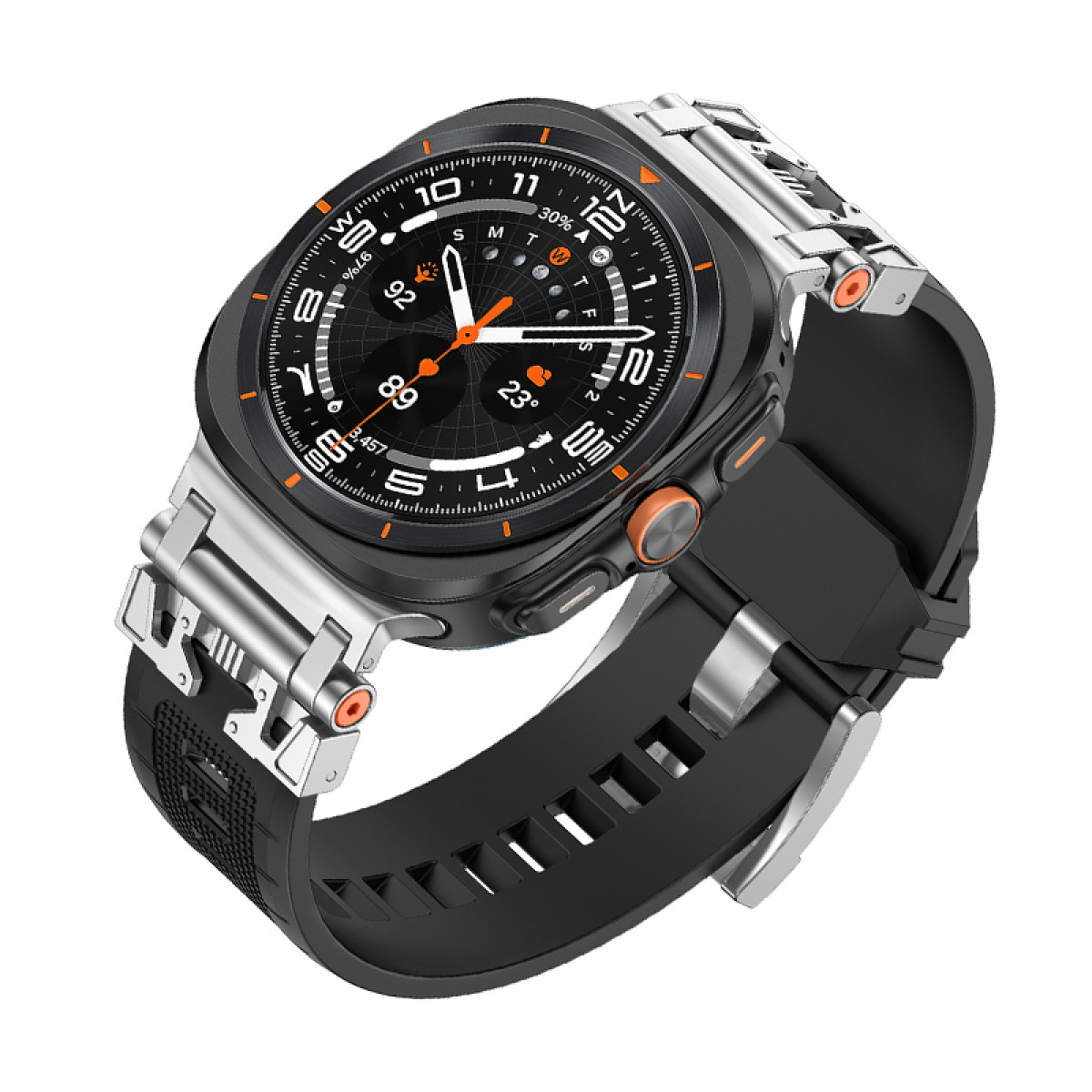 Uno smartwatch con cassa e cinturino neri e argento. Il quadrante mostra numeri e dati.