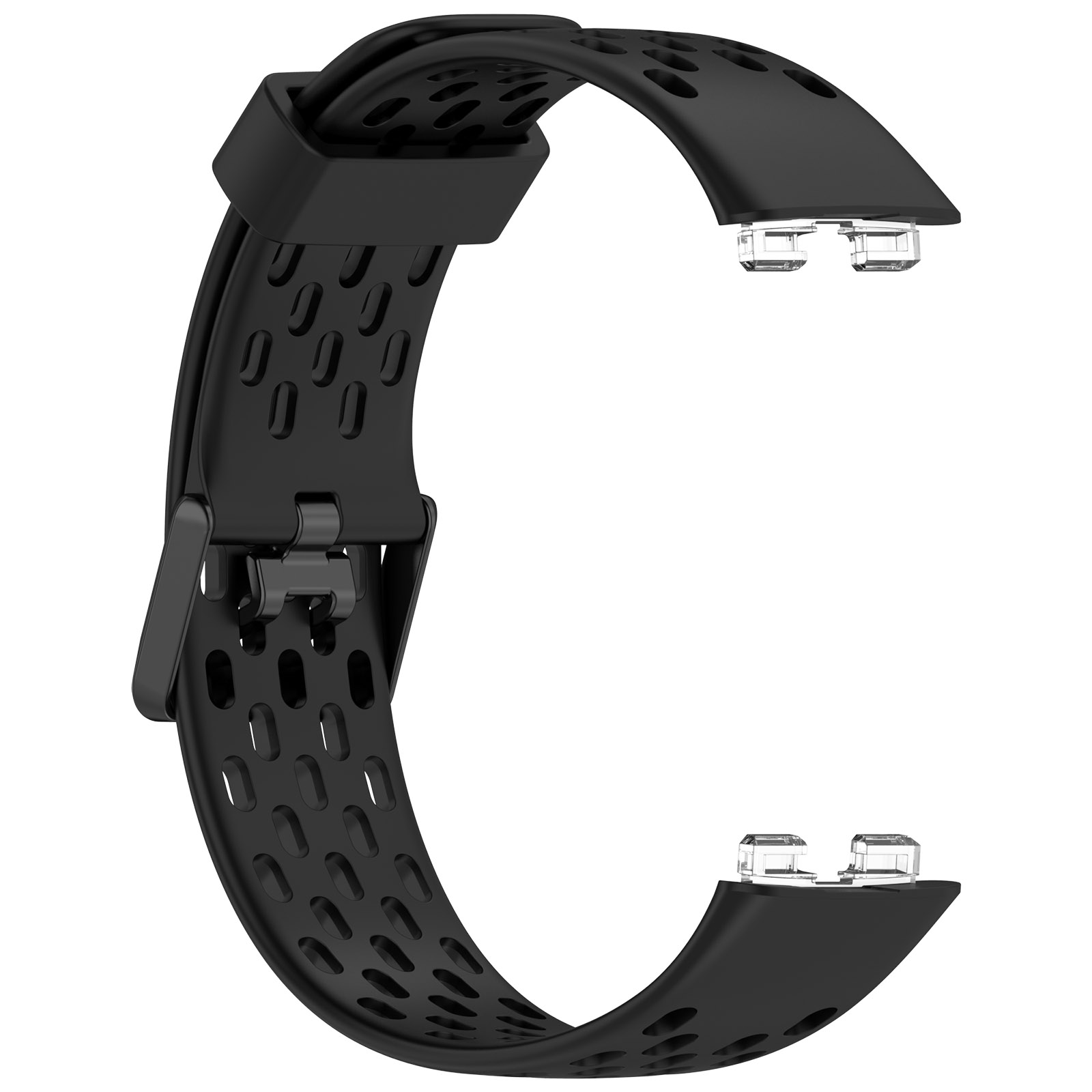 Schwarzes Uhrenarmband mit ovalen Perforationen. Hat eine Schnalle und zwei durchsichtige Kunststoffbefestigungen.