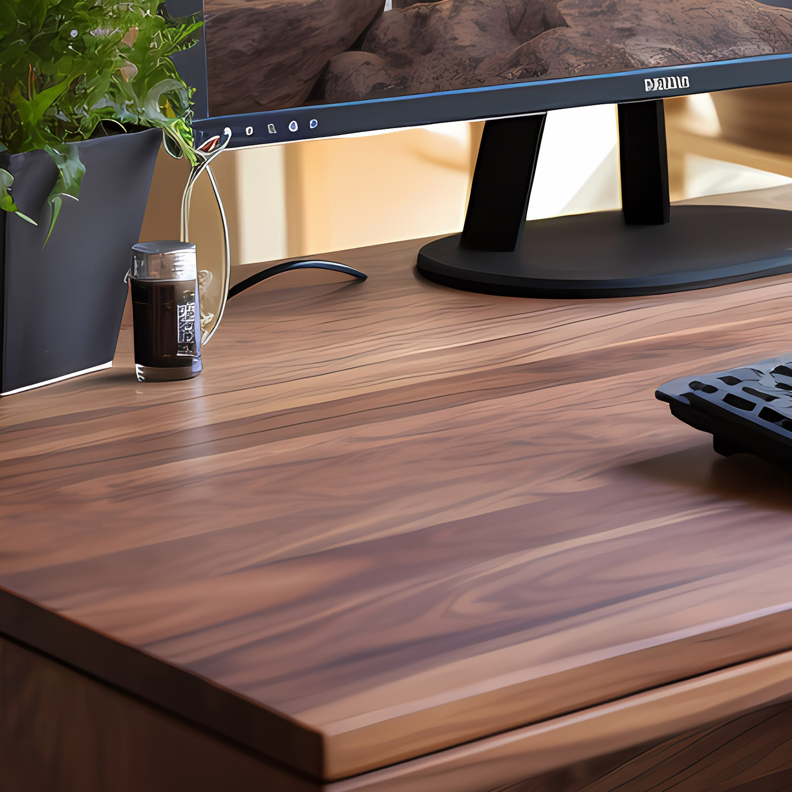Holzschreibtisch mit Computermonitor, Pflanze, kleiner Flasche und Tastatur. Hintergrund: verschwommen.