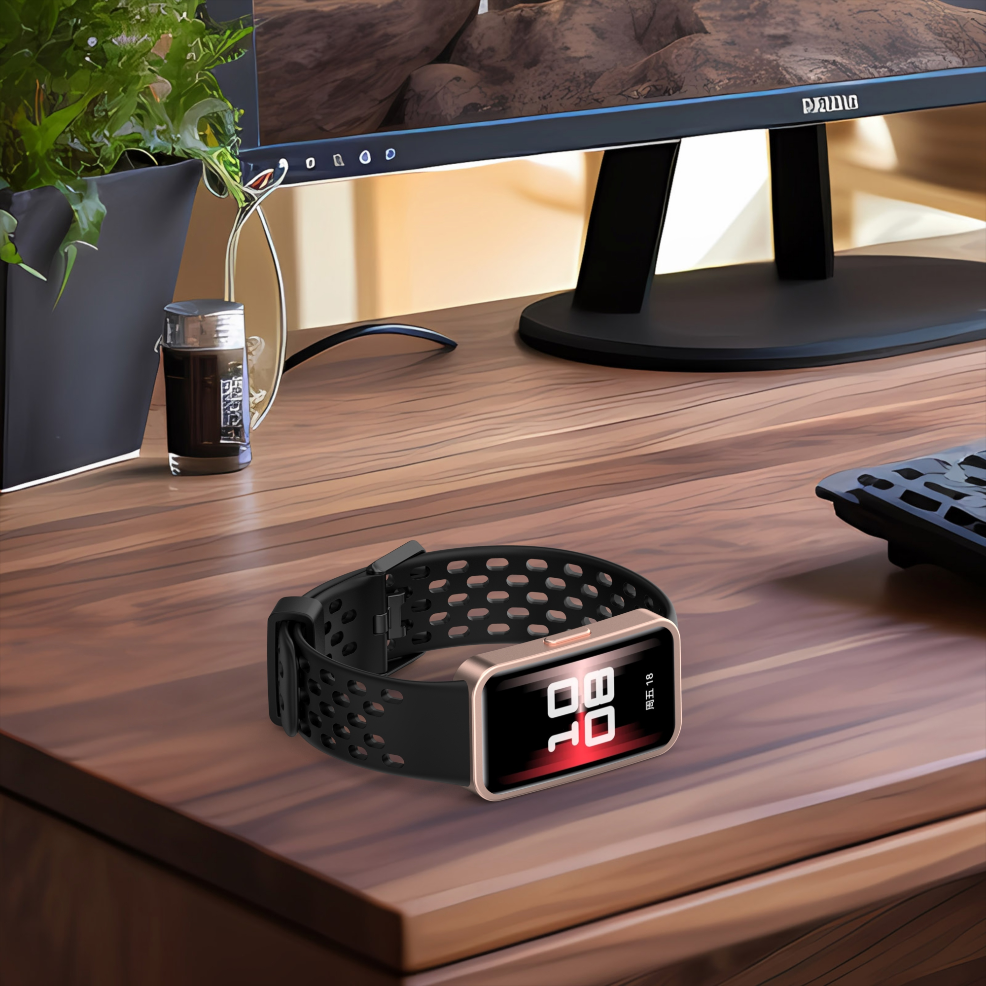 Smartwatch auf einem Holztisch mit Monitor und Pflanze.