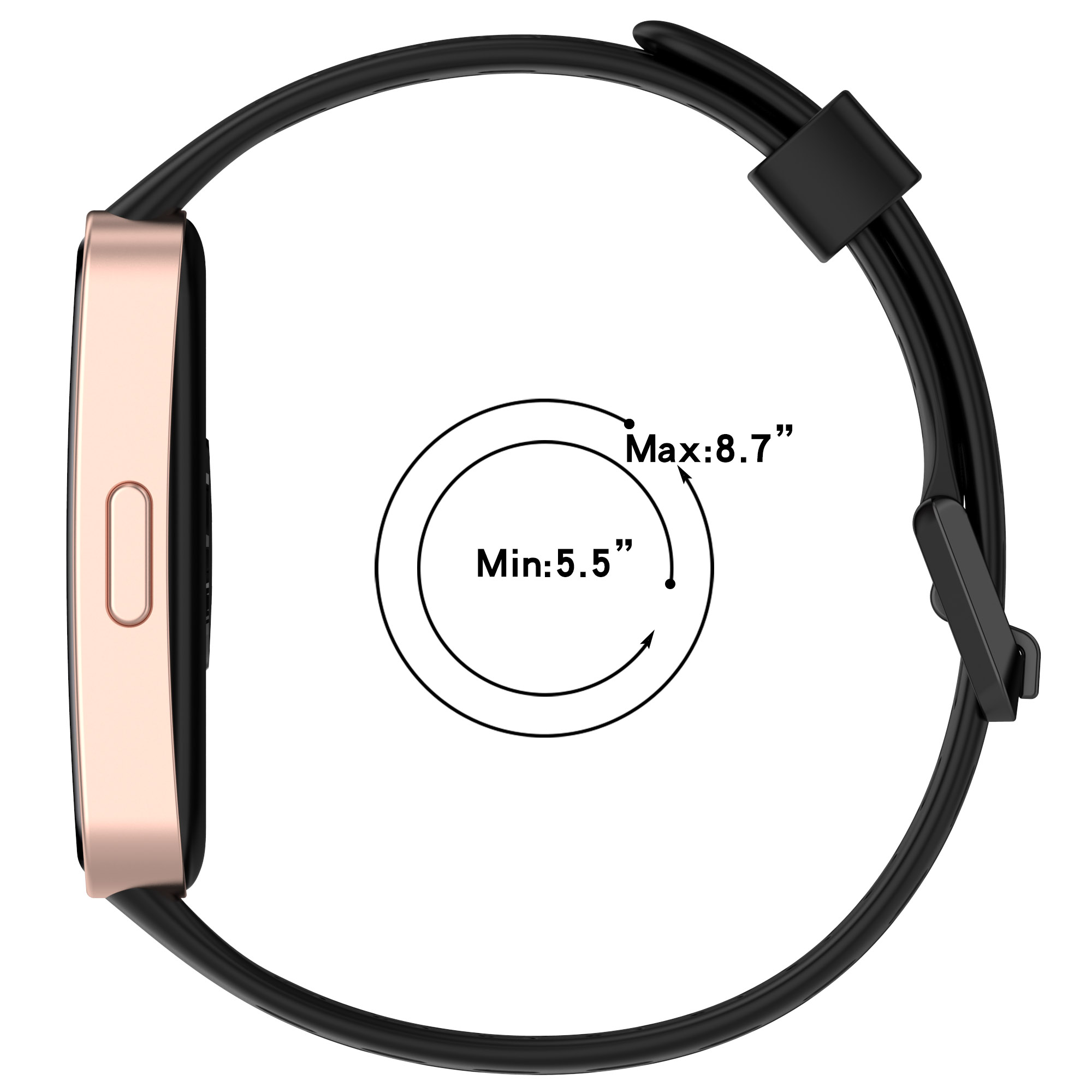Smartwatch-Profilansicht mit schwarzem Armband und roségoldenem Gehäuse. Kreis zeigt Handgelenkgrößen.