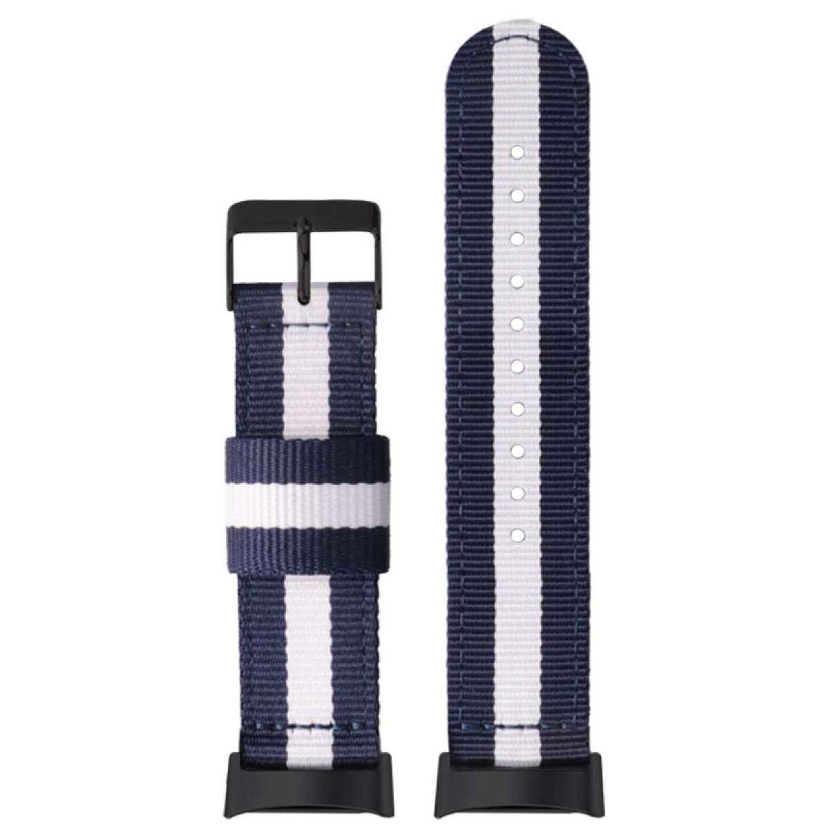 Cinturino a righe blu navy e bianco con attacchi neri.