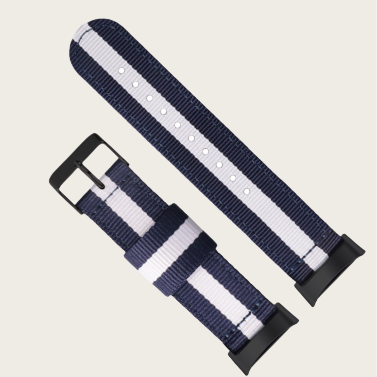 Cinturino con strisce blu navy e bianche, fibbie e connettori neri.
