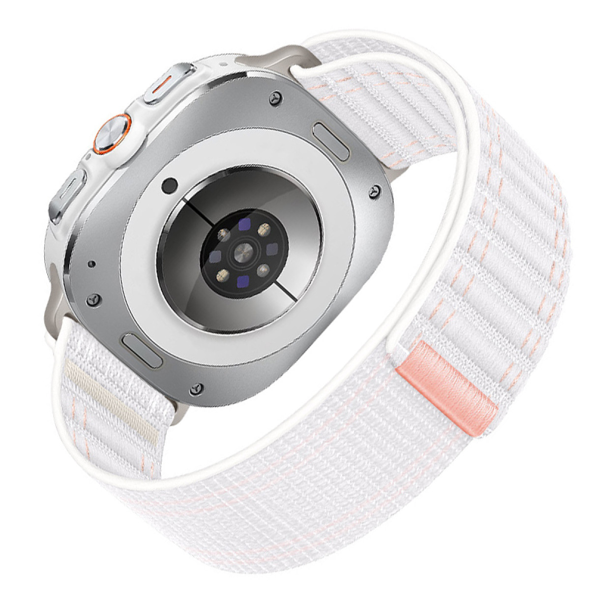 Rückseite einer silbernen Smartwatch mit weißem Armband. Das Armband ist weiß mit einem Pfirsichstreifenmuster.