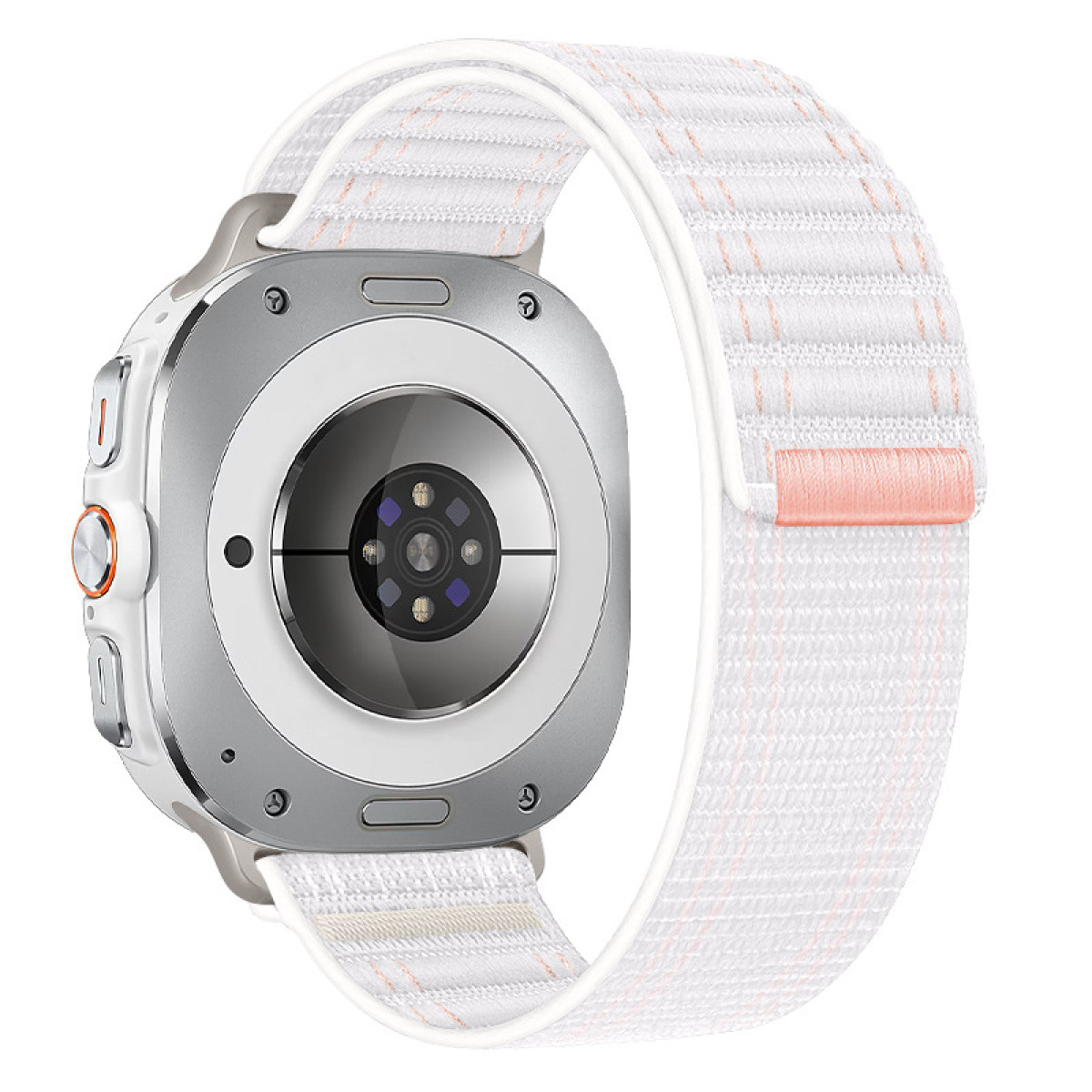 Eine Smartwatch mit weißem Band, die Rückseite zeigt den Sensor.
