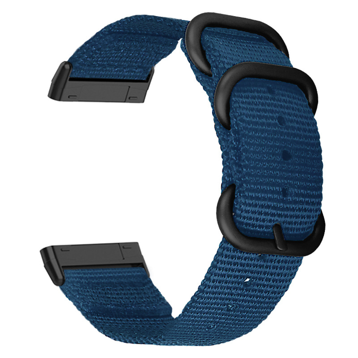 Blaues Uhrenarmband. Das Band hat schwarze Schnallen.