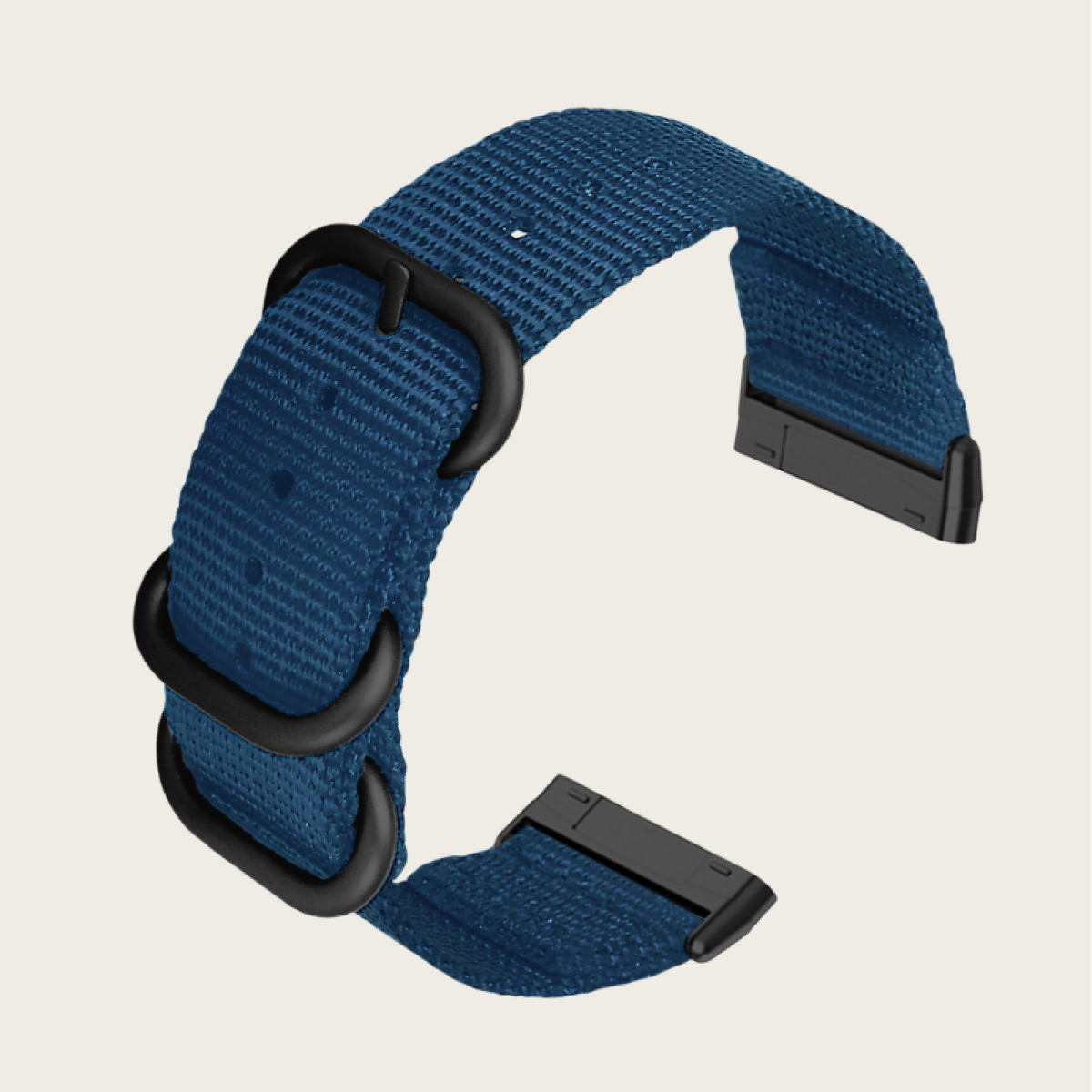 Blaues Uhrenarmband mit schwarzen Schnallen. Das Armband besteht aus gewebtem Material.