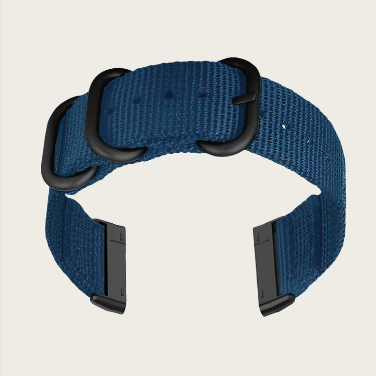 Ein blaues Nylon-Uhrenarmband mit schwarzen Schnallen.