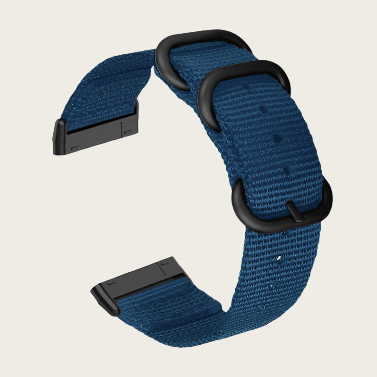 Blaues Uhrenarmband mit schwarzen Schnallen, Nahaufnahme.