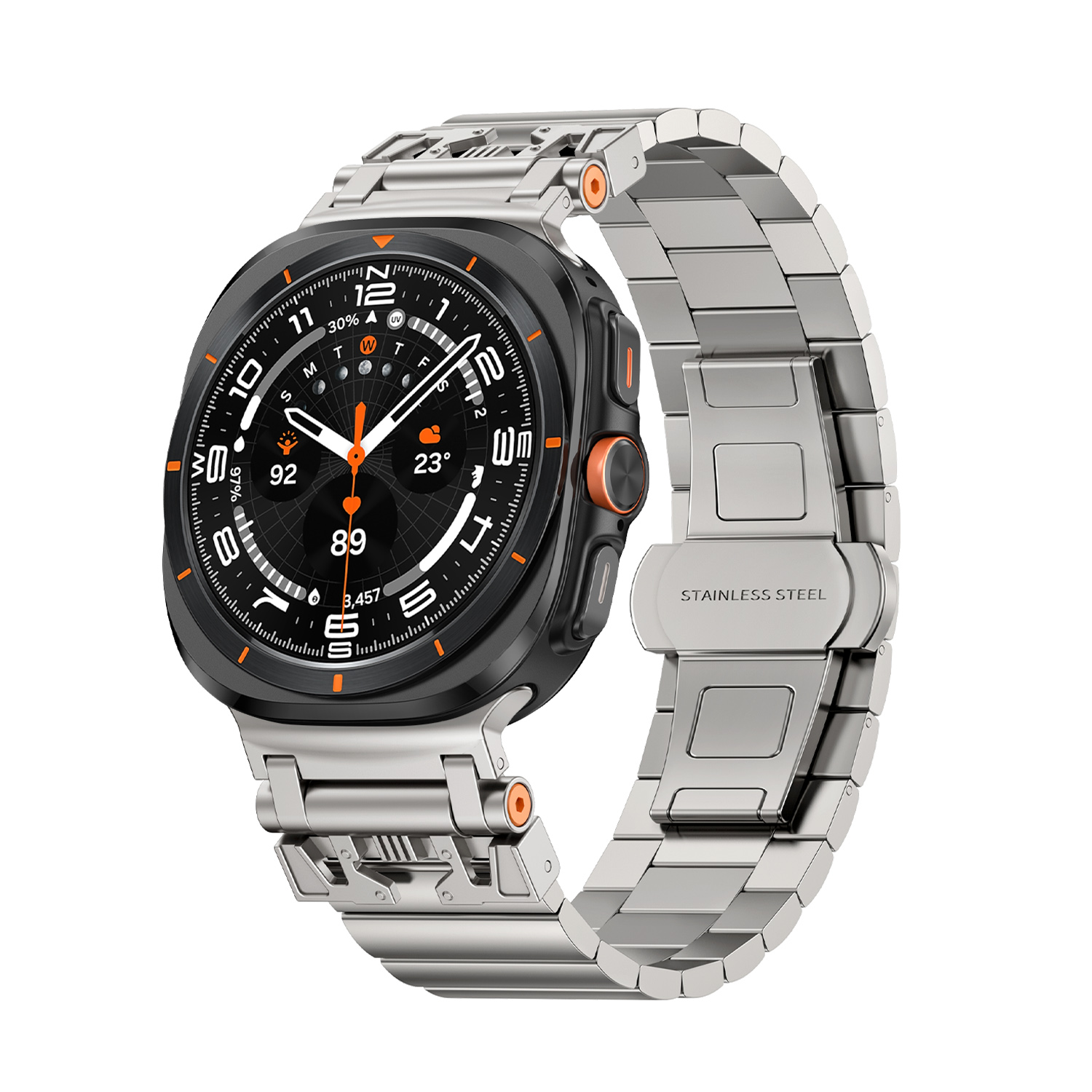 Uno smartwatch argento con lunetta nera, mostra ora e dati con cinturino in acciaio.