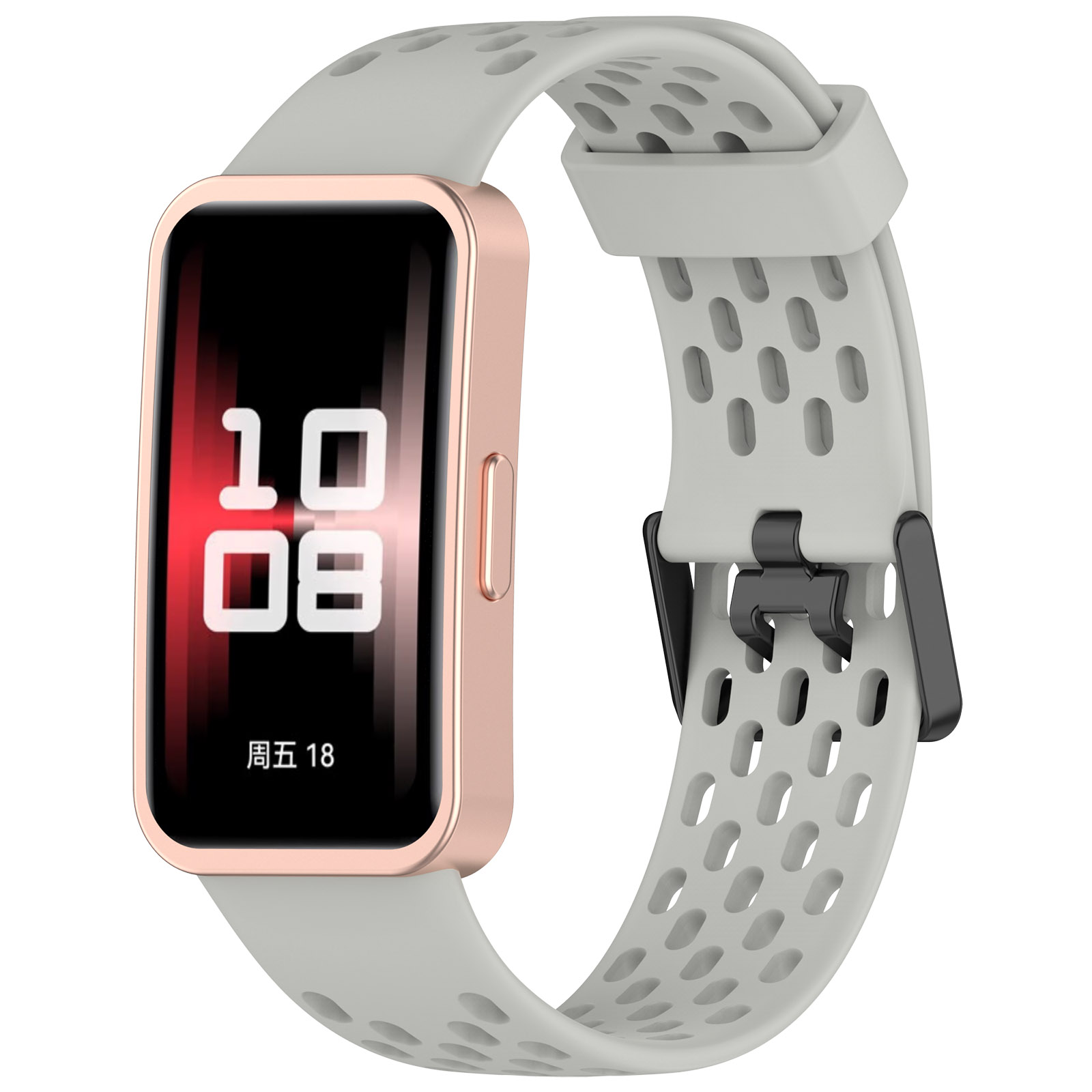 Smartwatch con cinturino grigio e quadrante color oro rosa.