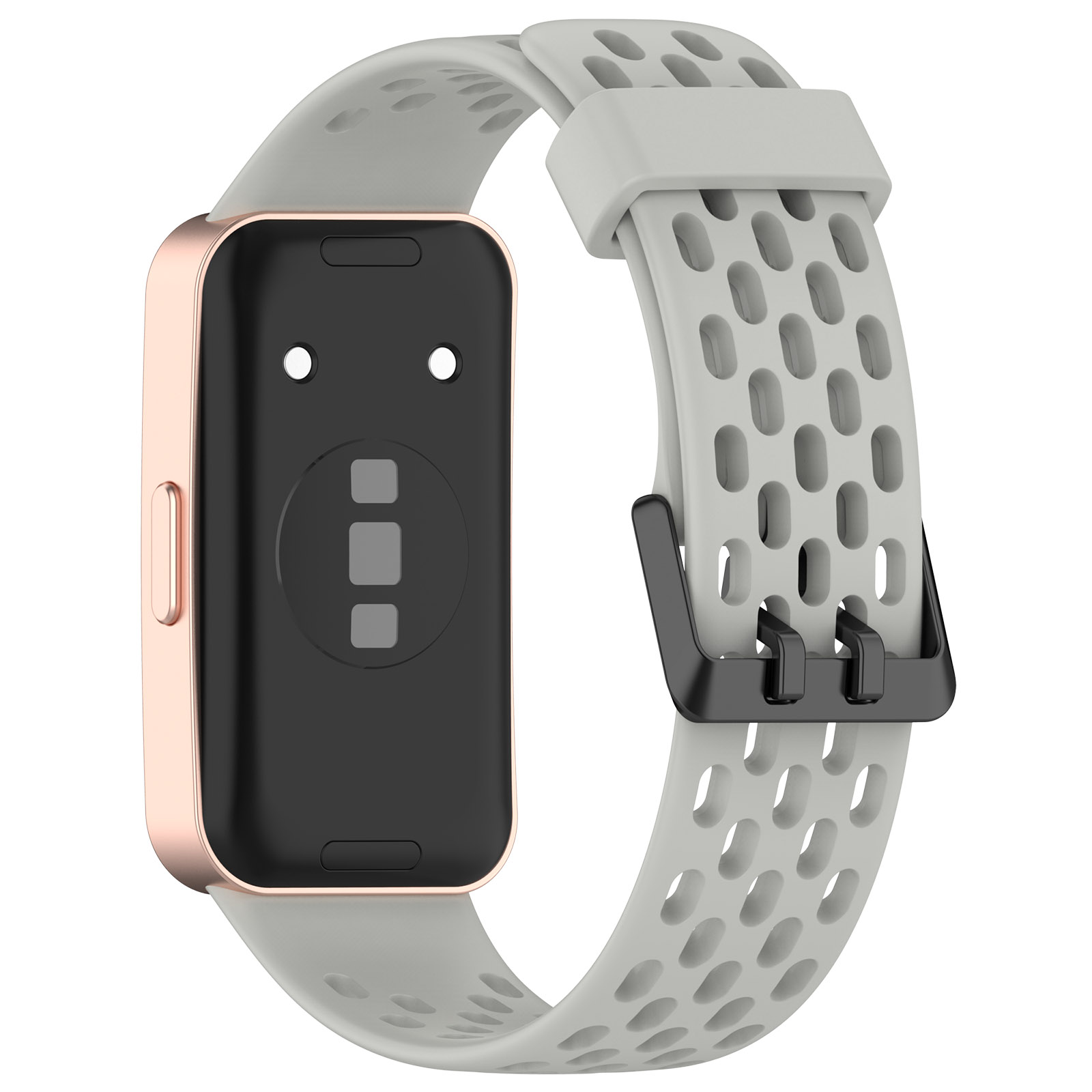 Smartwatch con cinturino grigio, cassa oro rosa e chiusura nera. Cinturino perforato.