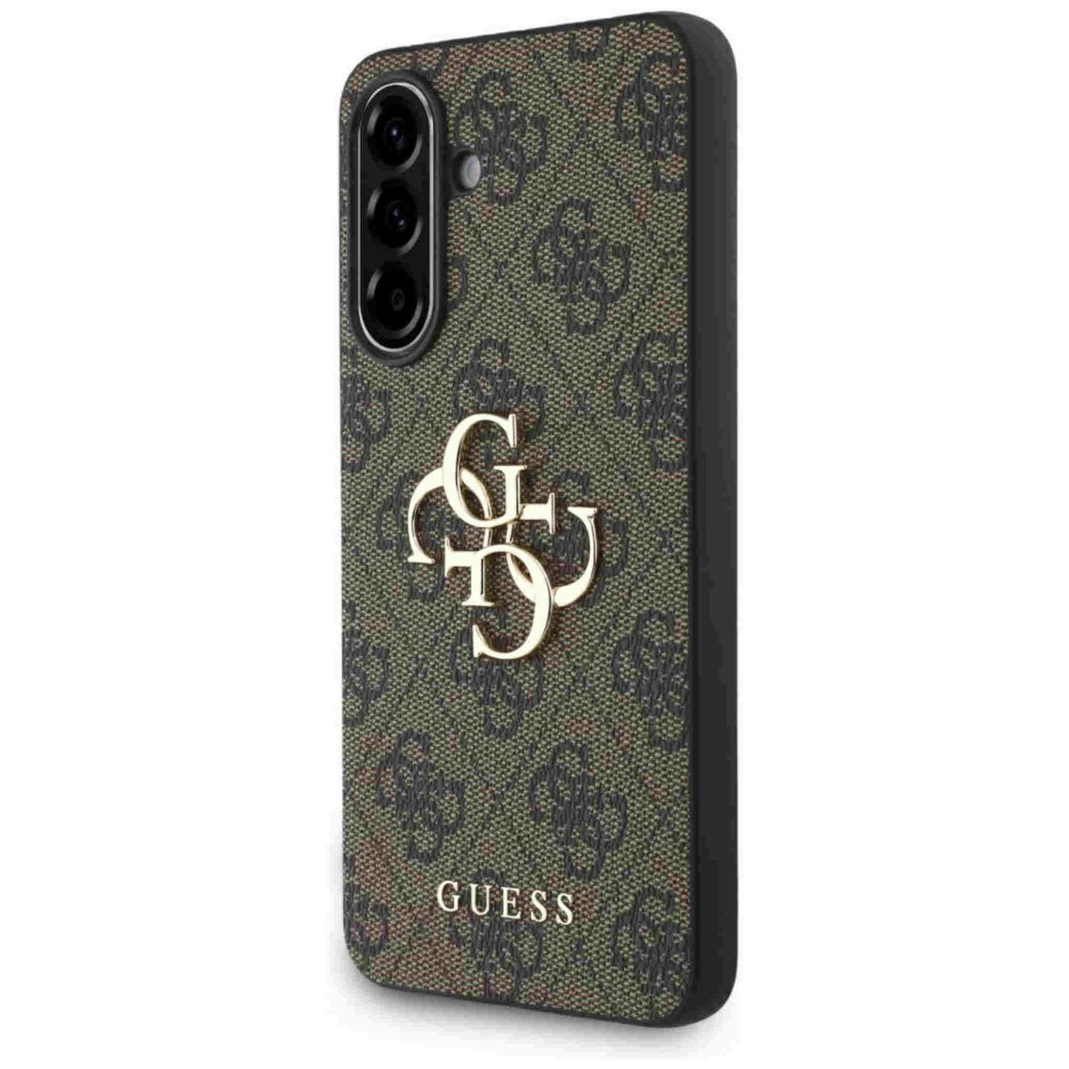 Zielone etui na telefon z logo Guess. Etui ma wzór i czarne krawędzie. Guess jest napisane na dole.